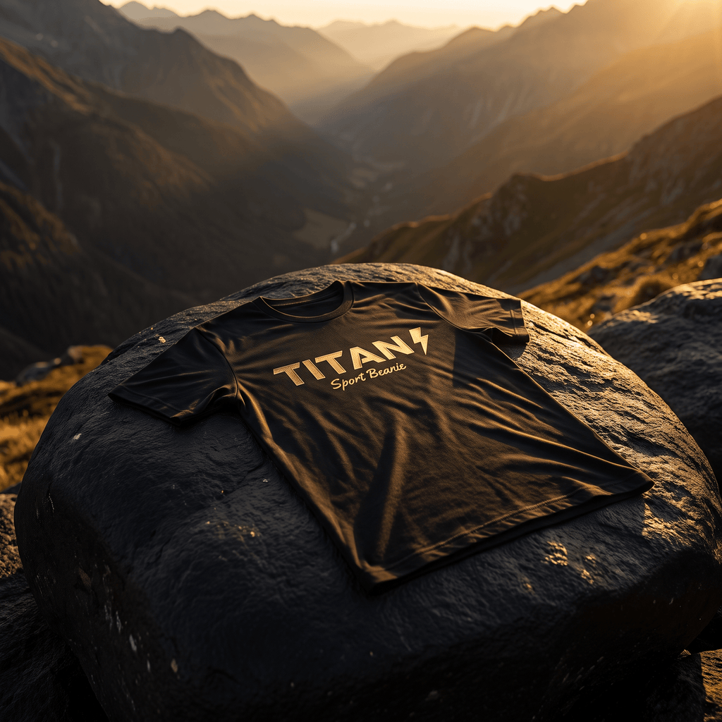 Black t-shirt with gold "TITAN Sport Beanie" logo and lightning bolt icon, laid on a rock against a mountain sunset.
