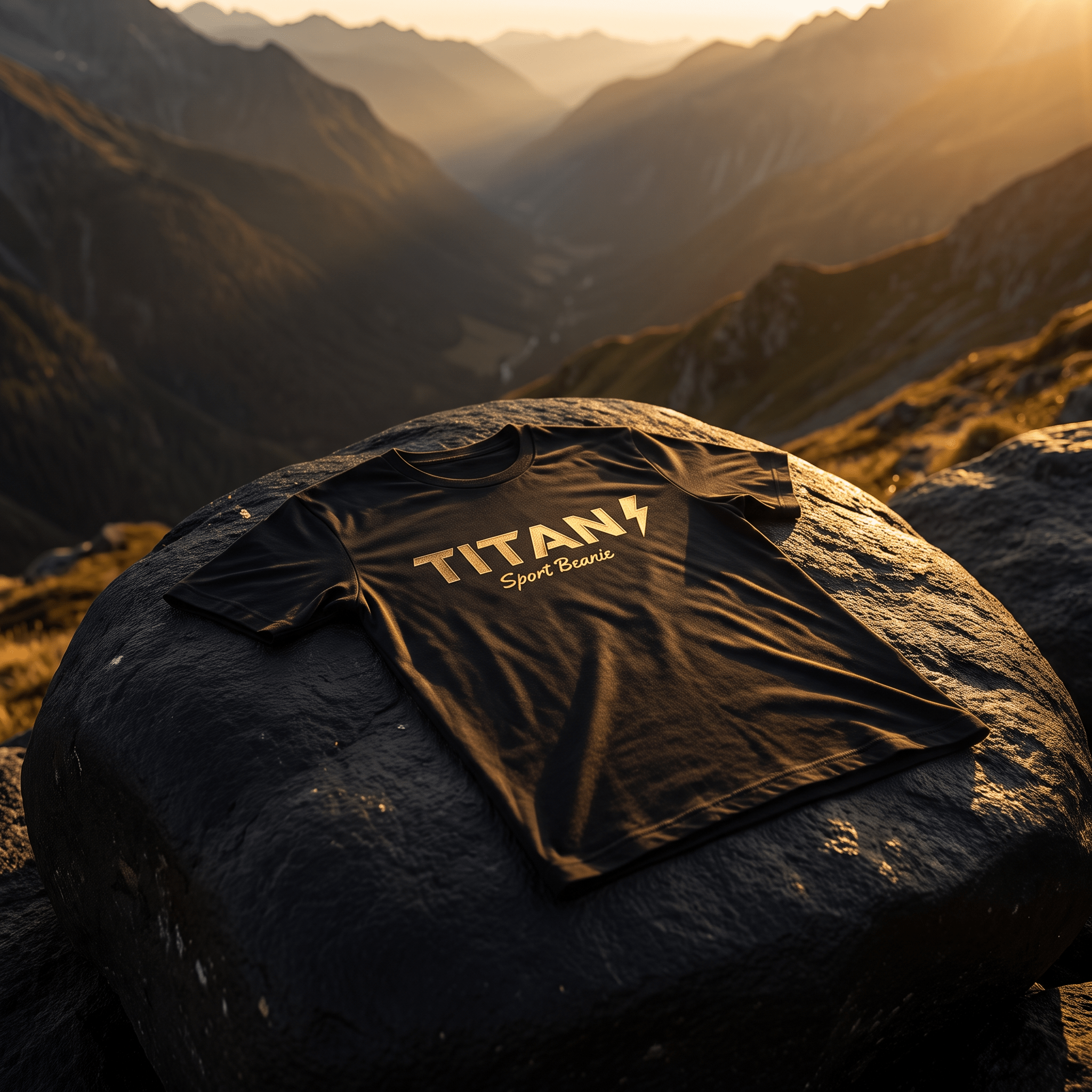 Black t-shirt with gold "TITAN Sport Beanie" logo and lightning bolt icon, laid on a rock against a mountain sunset.