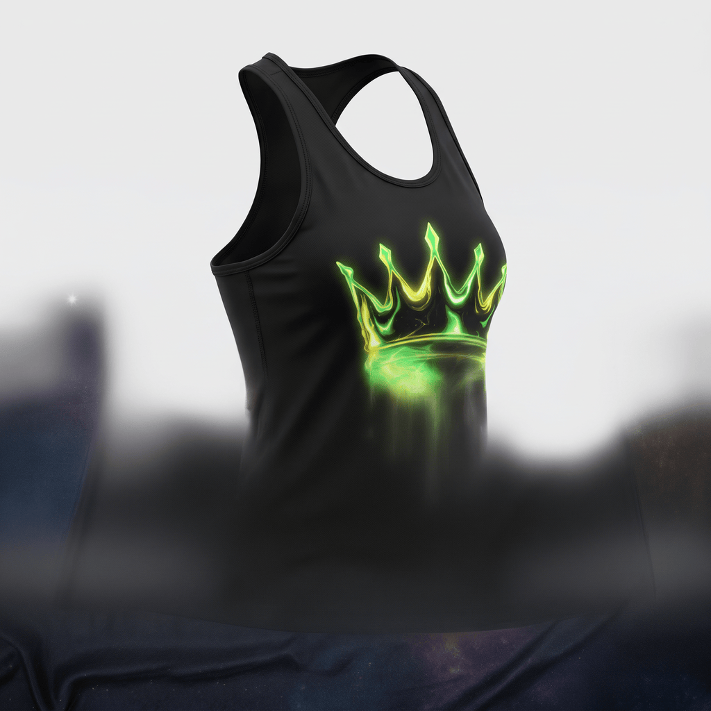 Black athletic tank top featuring a glowing green crown graphic on the front.