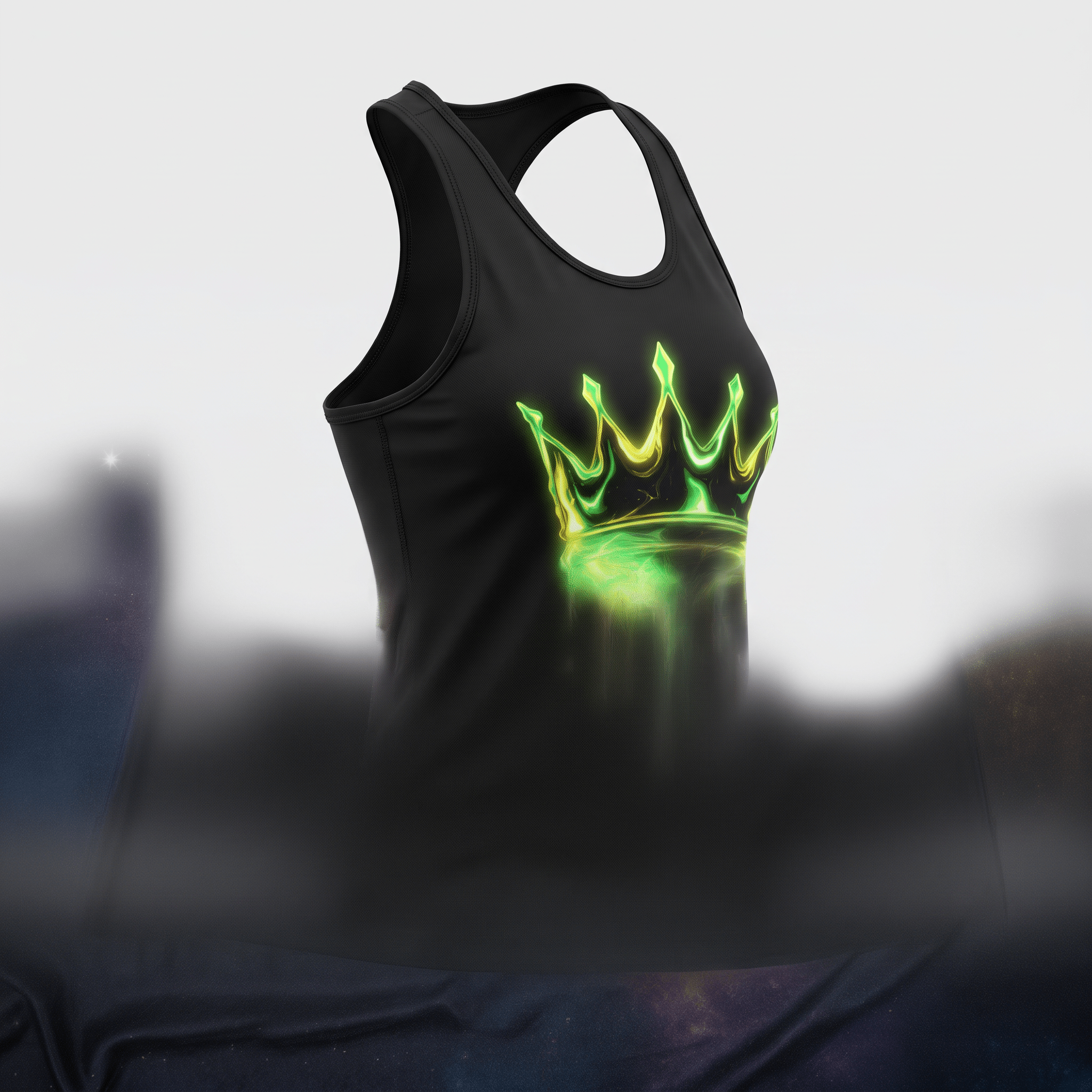 Black athletic tank top featuring a glowing green crown graphic on the front.