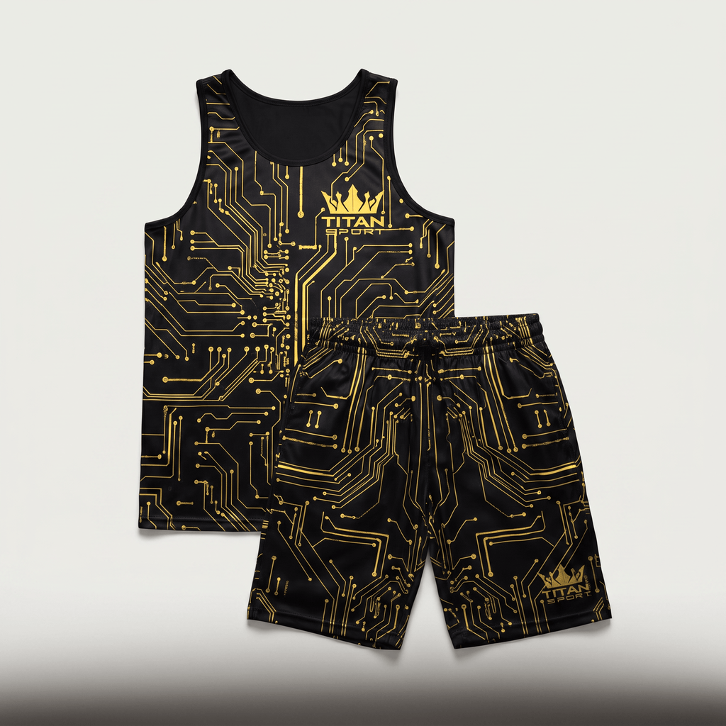 Black and gold circuit board pattern athletic tank top and shorts set with Titan Sport logo.