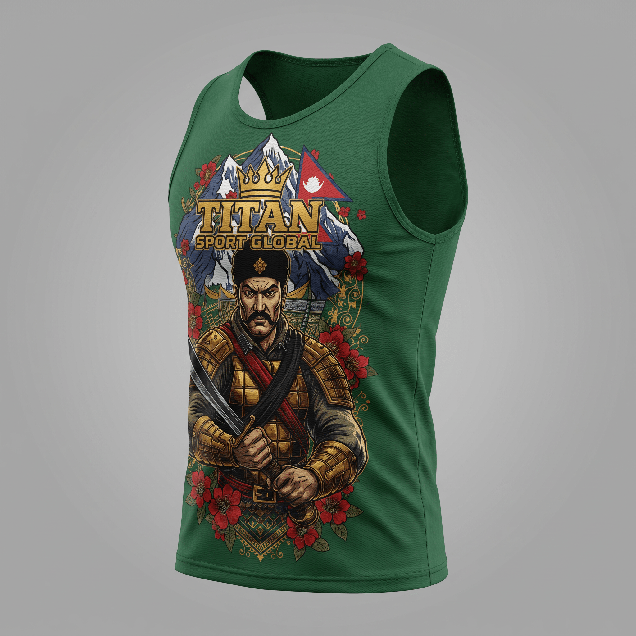 Green tank top with graphic print of a warrior holding a sword, mountains, and the Nepal flag.