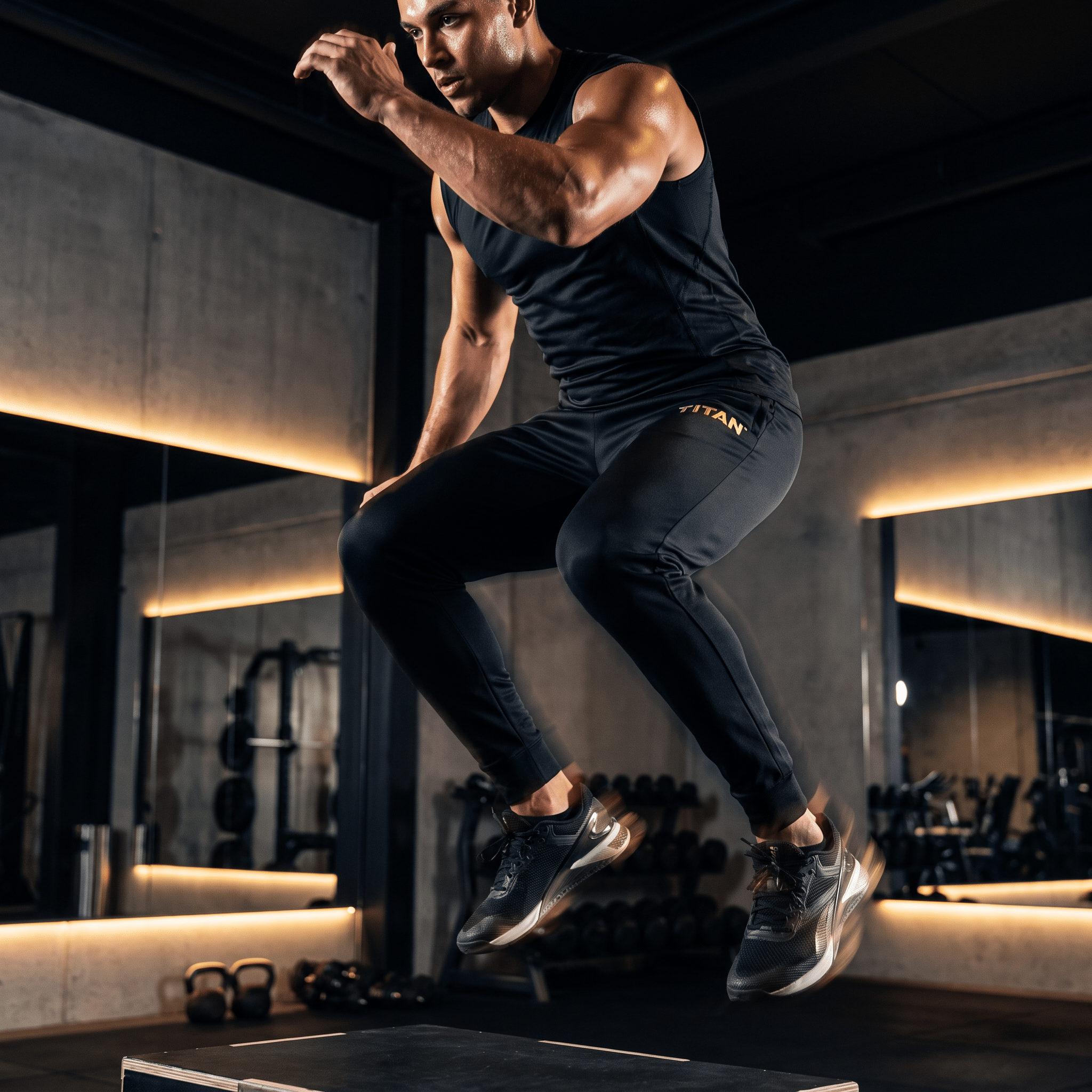 Male athlete jumps over a box in gym, wearing black TITAN Crown Edition training joggers and matching top.