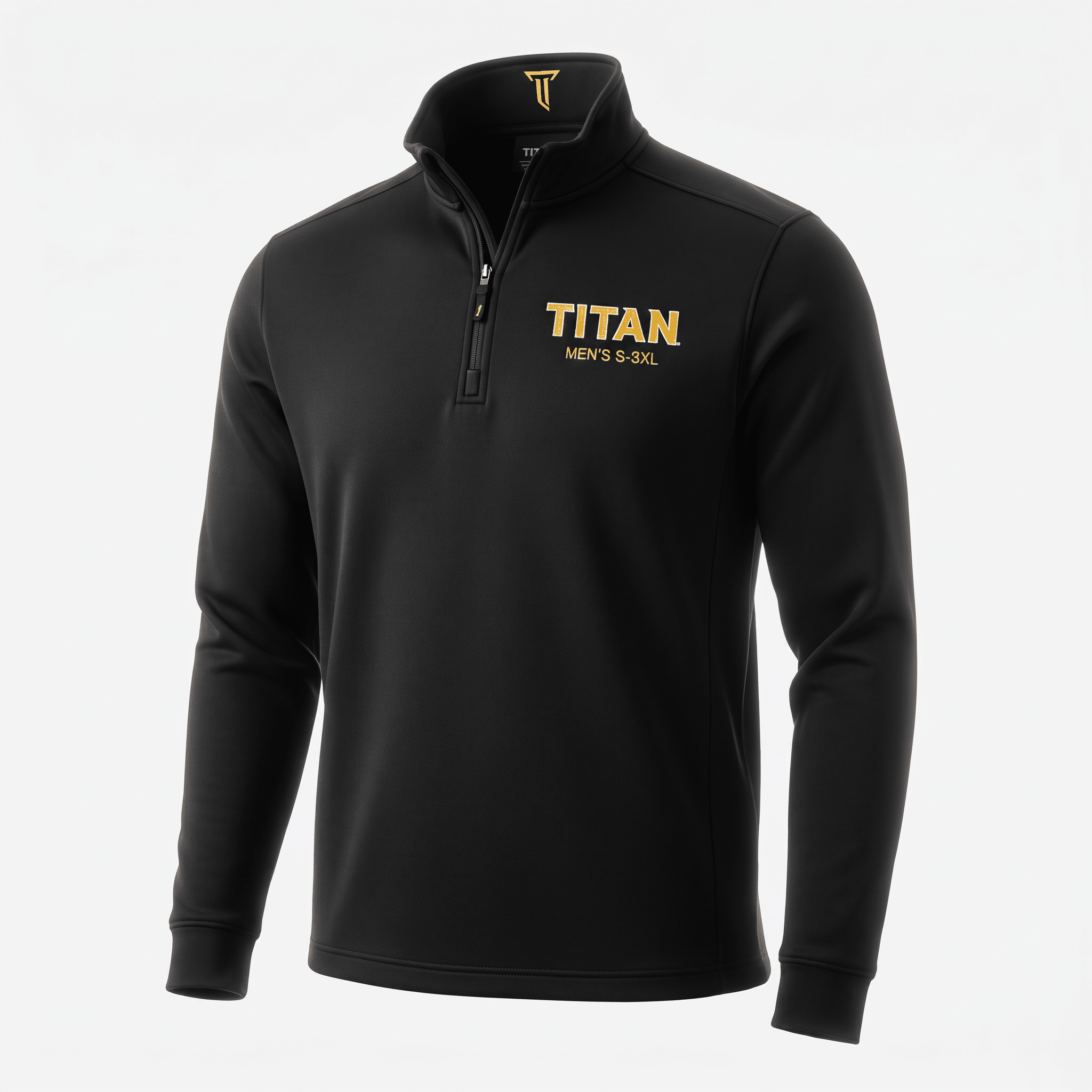 Black quarter-zip pullover for men with Titan logo in gold on the chest and collar.