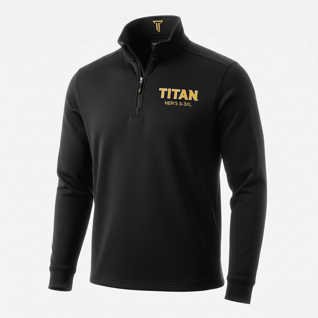 Black men's quarter-zip pullover with gold Titan logo and lettering on the chest.