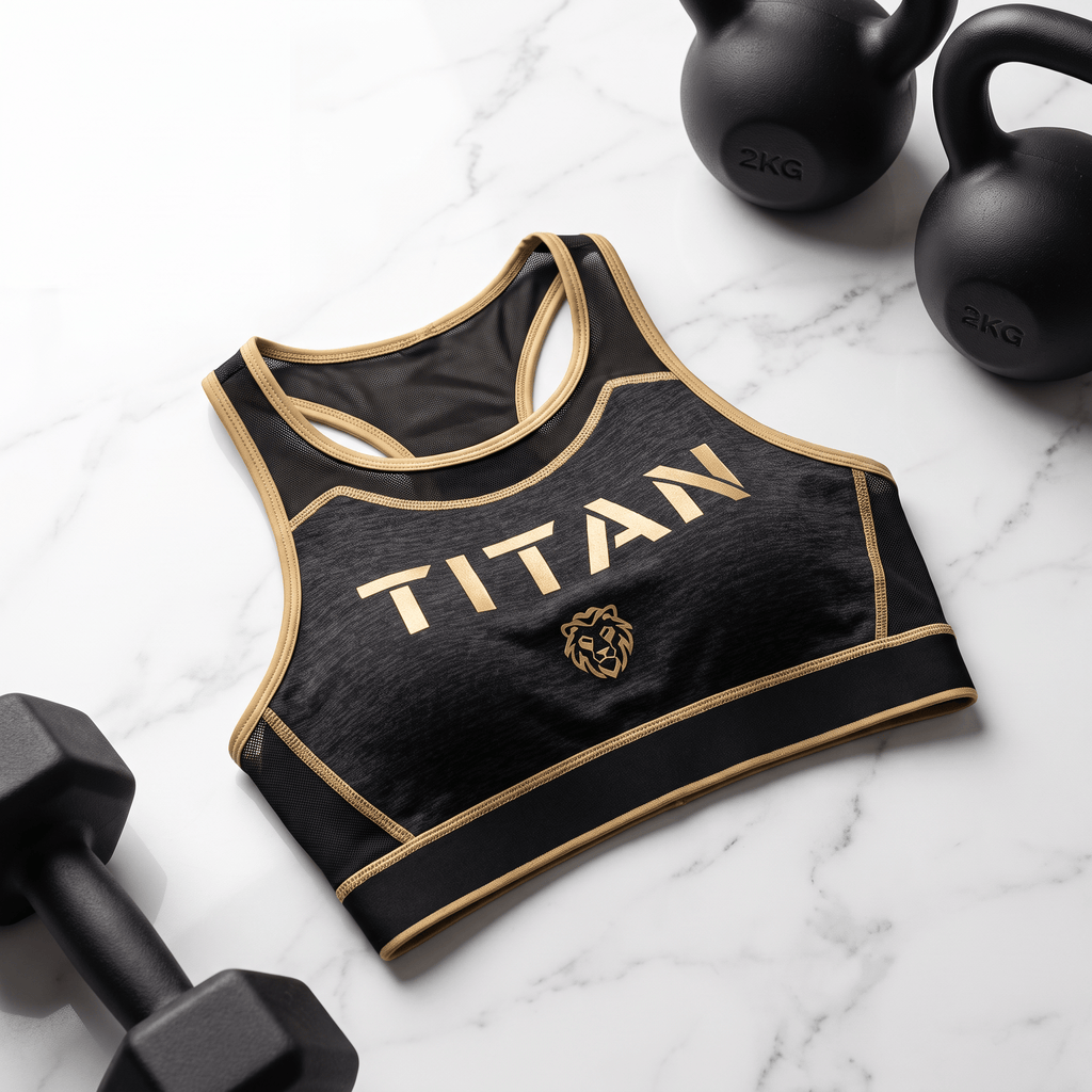 Black and gold sports bra with "TITAN" text and lion logo, surrounded by dumbbells on a marble surface.