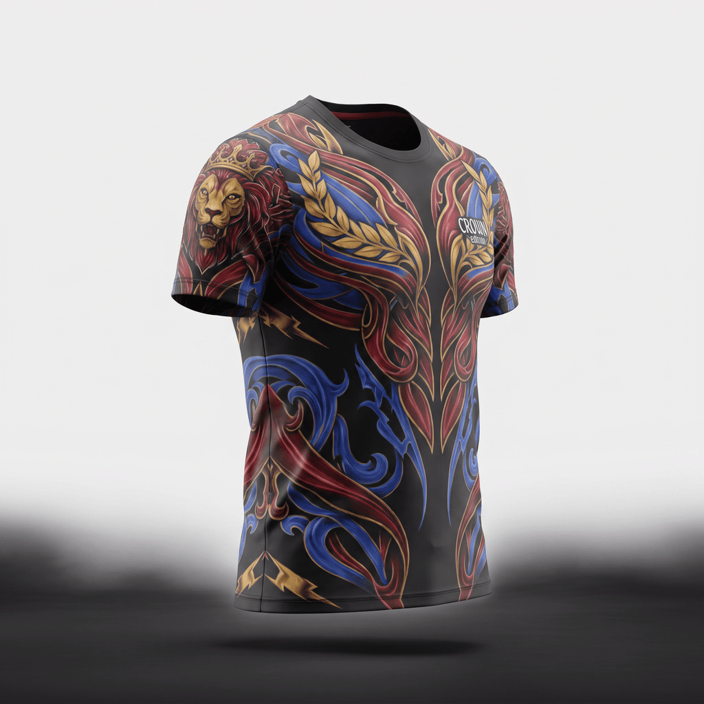 Black t-shirt featuring vibrant red, blue, and gold baroque tattoo art, plus a crowned lion on the sleeve.