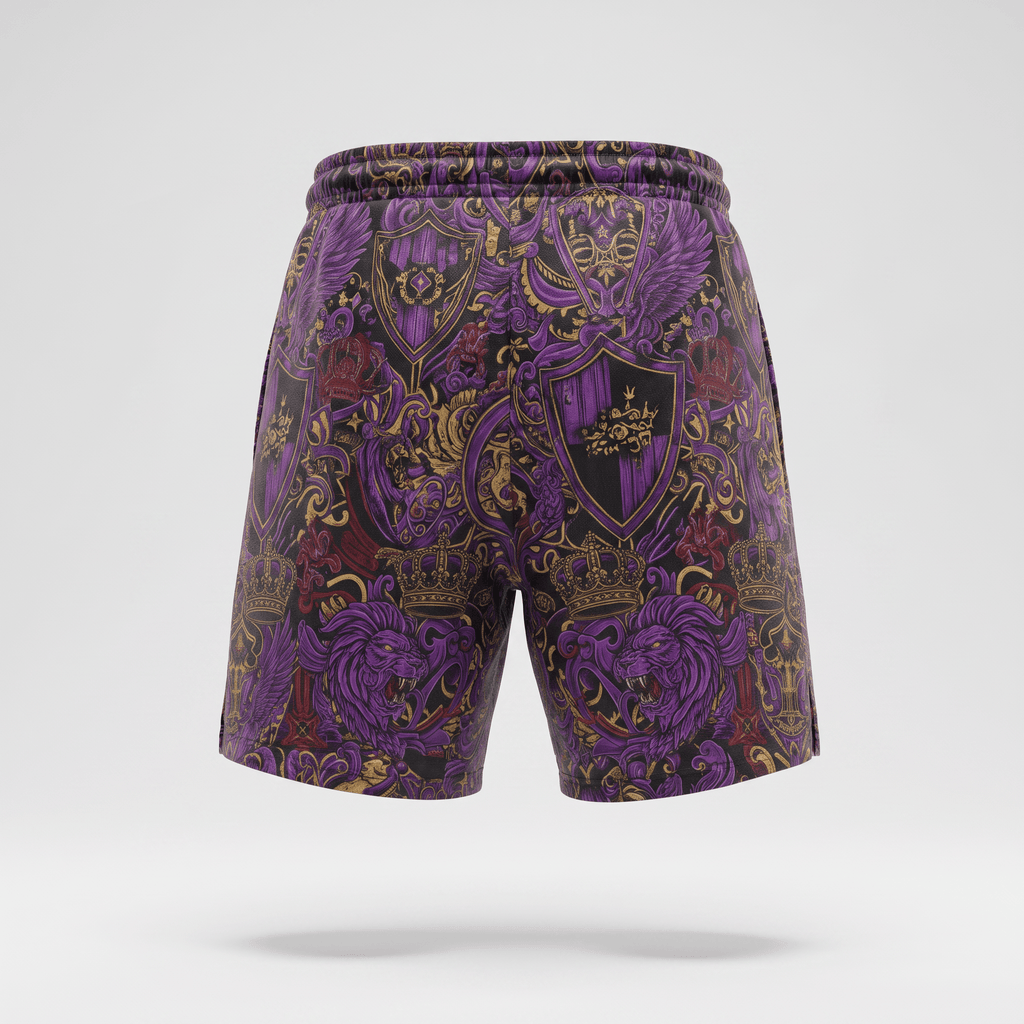 Purple shorts with a baroque royal print featuring gold lions, crowns, and shields, shown from the back.