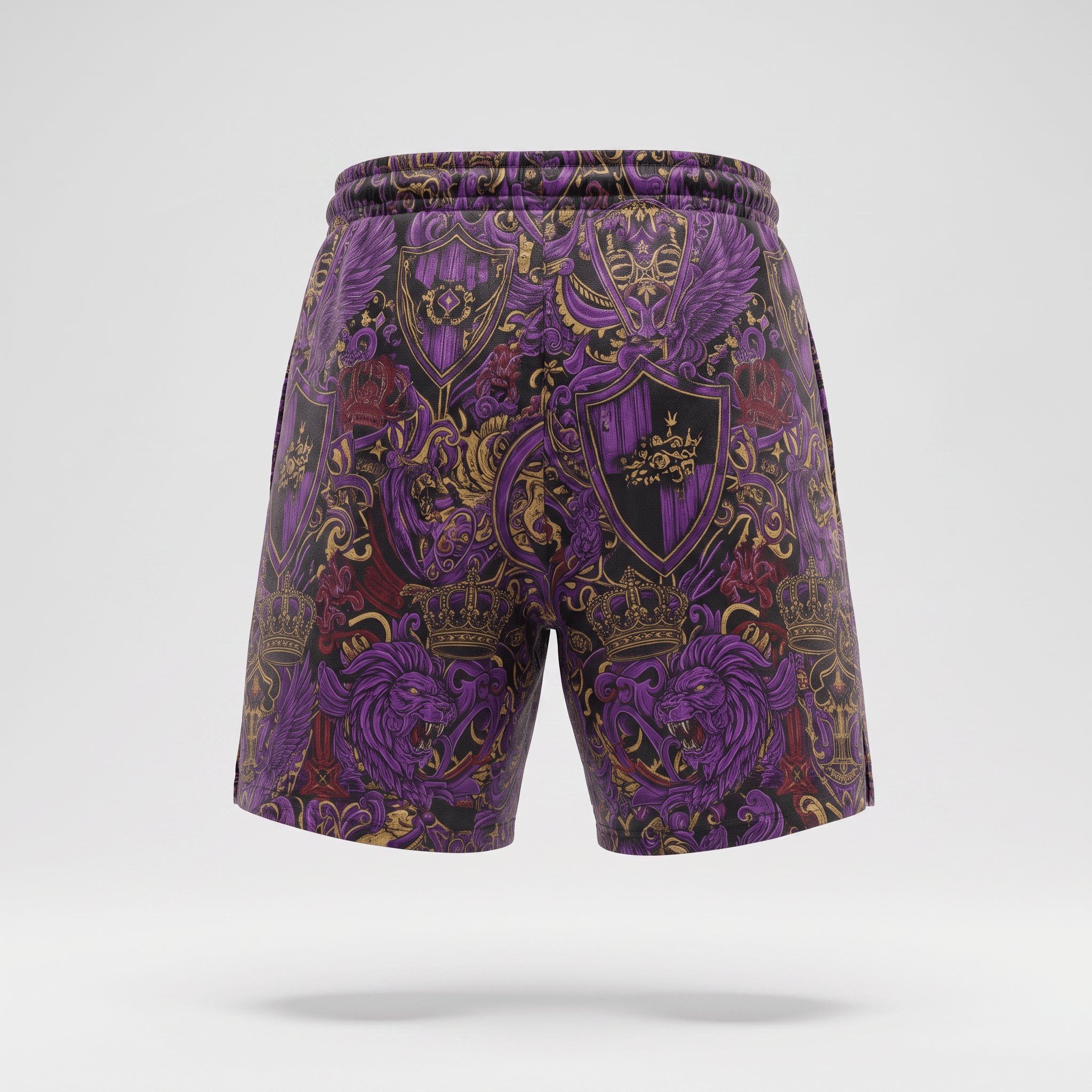 Purple athletic shorts with a gold baroque crest and lion print, shown from the back against a white background.