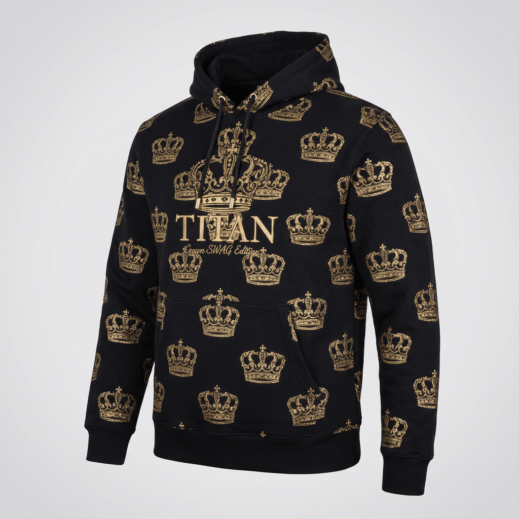 Black hoodie with allover gold crown pattern and Titan logo on the chest.