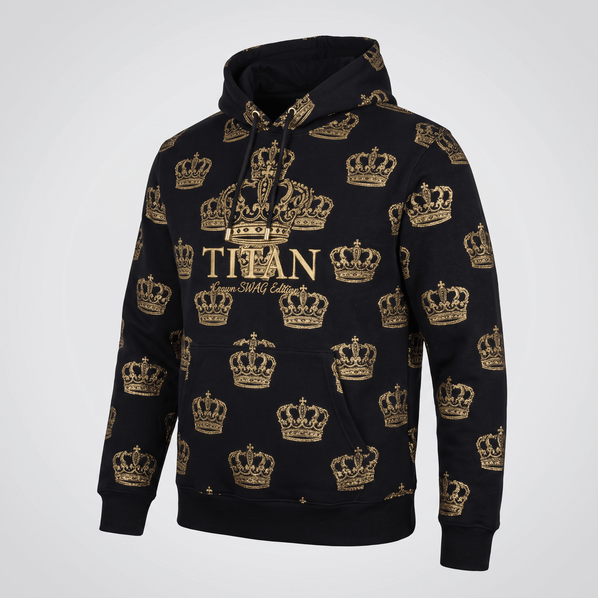 Black hoodie with allover gold crown pattern and Titan logo on the chest.