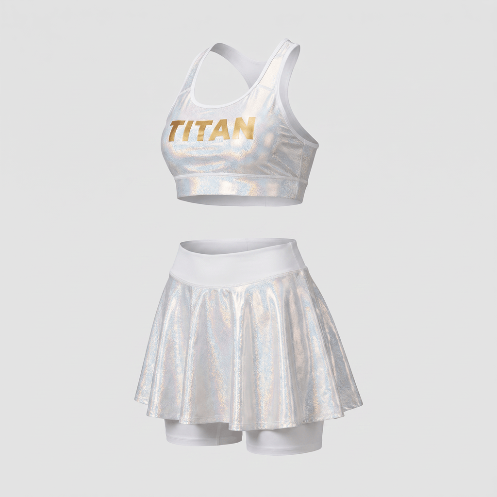 White metallic athletic set with sports bra and matching skirt featuring gold Titan logo text.