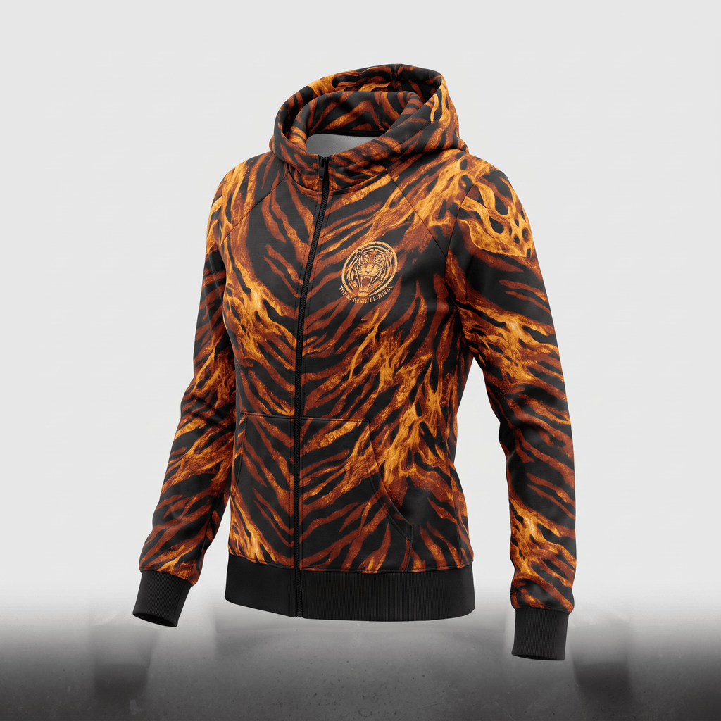 Black zip-up hoodie with orange tiger stripe flame print and a circular chest logo.