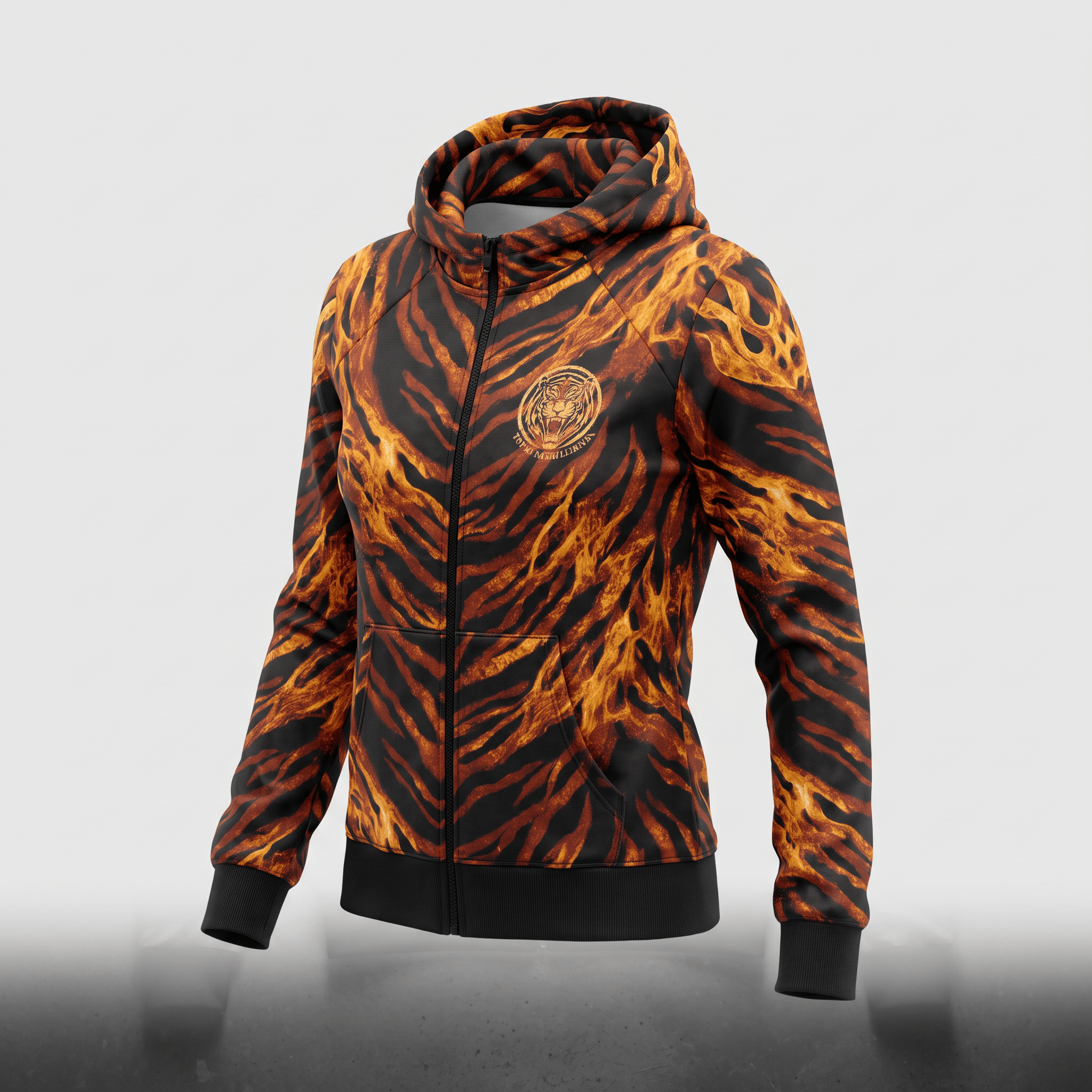 Black zip-up hoodie with orange tiger stripe flame print and a circular chest logo.