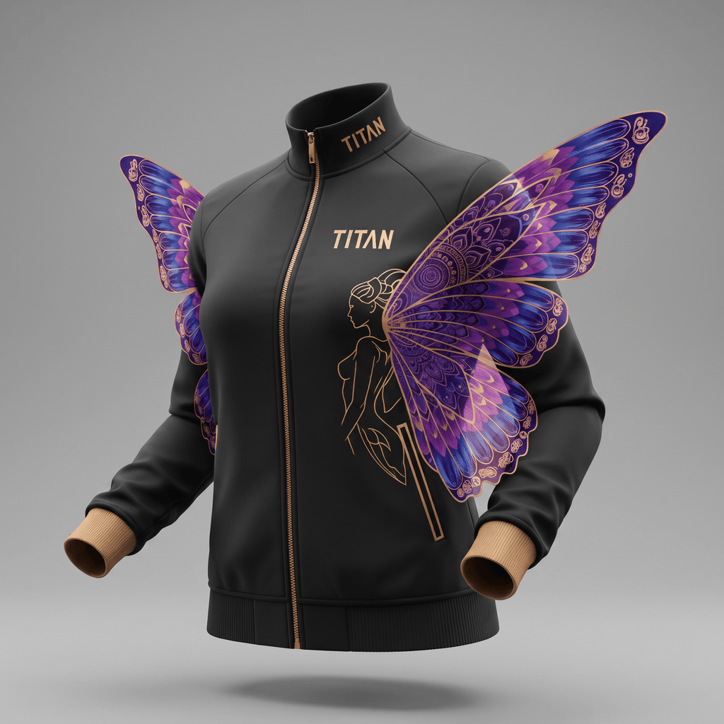 Black zip-up jacket with Titan branding, gold accents, and large purple butterfly wings graphic on the back.