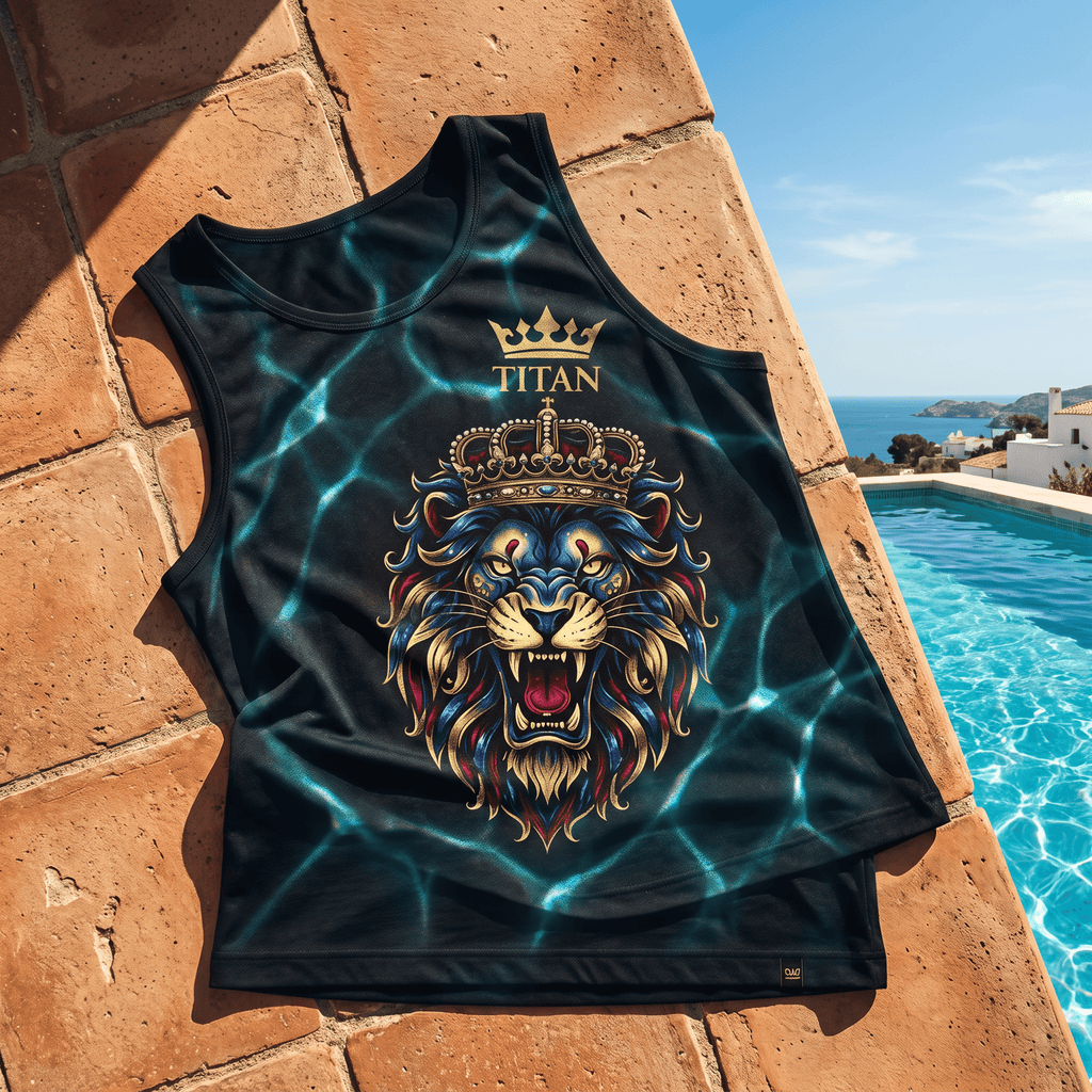 Black tank top featuring a gold-crowned lion graphic with blue and gold mane details, resting on a brick poolside ledge.