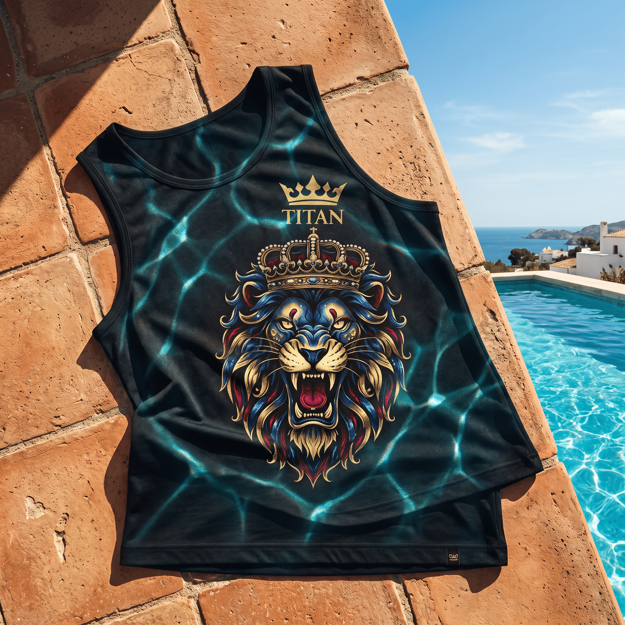 Black tank top featuring a gold-crowned lion graphic with blue and gold mane details, resting on a brick poolside ledge.