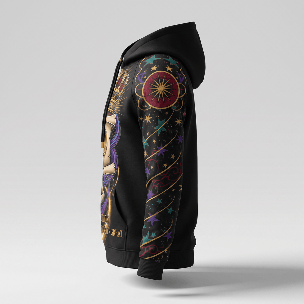 Side view of a black hoodie featuring celestial star and scroll graphics on the sleeve.