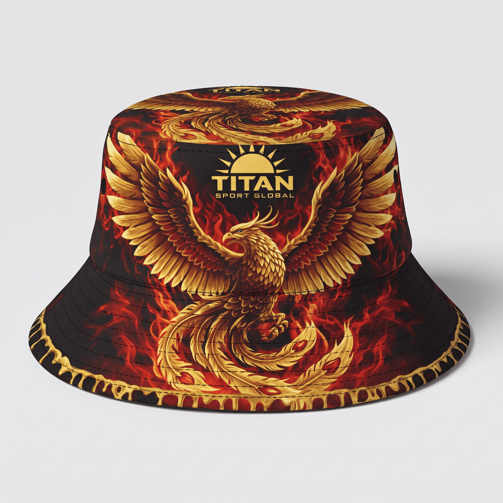 Black bucket hat featuring a gold phoenix graphic, red flames, and Titan Sport Global logo.