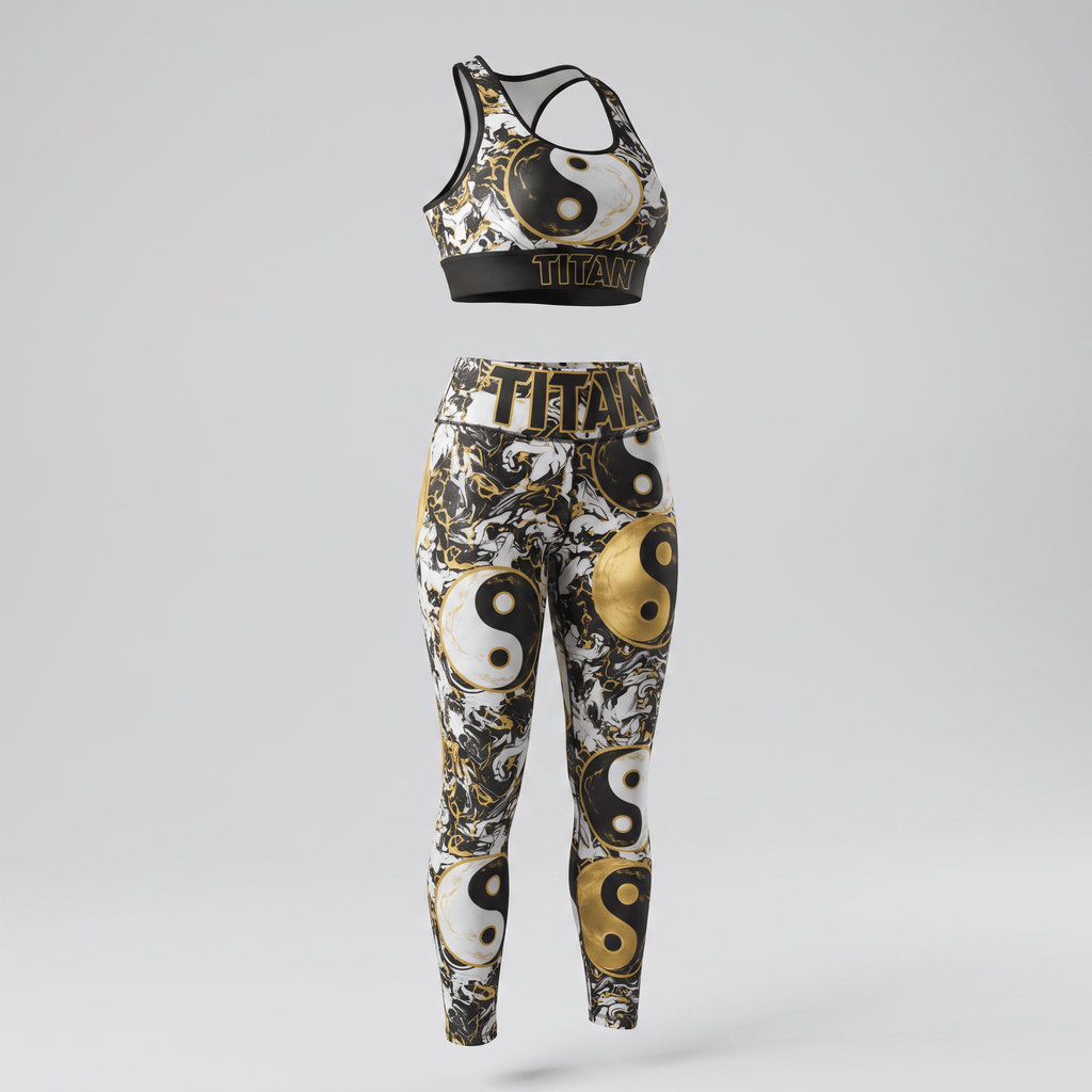 Titan black, white, and gold yin yang print sports bra and leggings set.