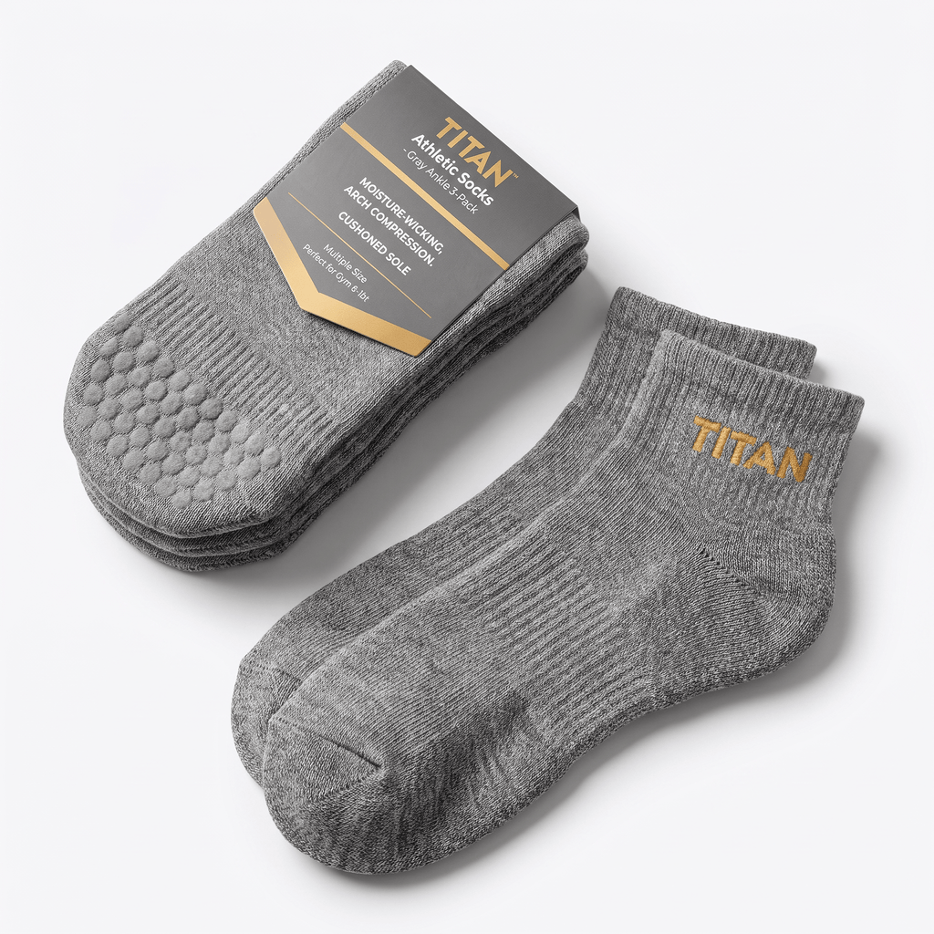 Titan gray athletic ankle socks 3-pack with grip soles and packaging sleeve.