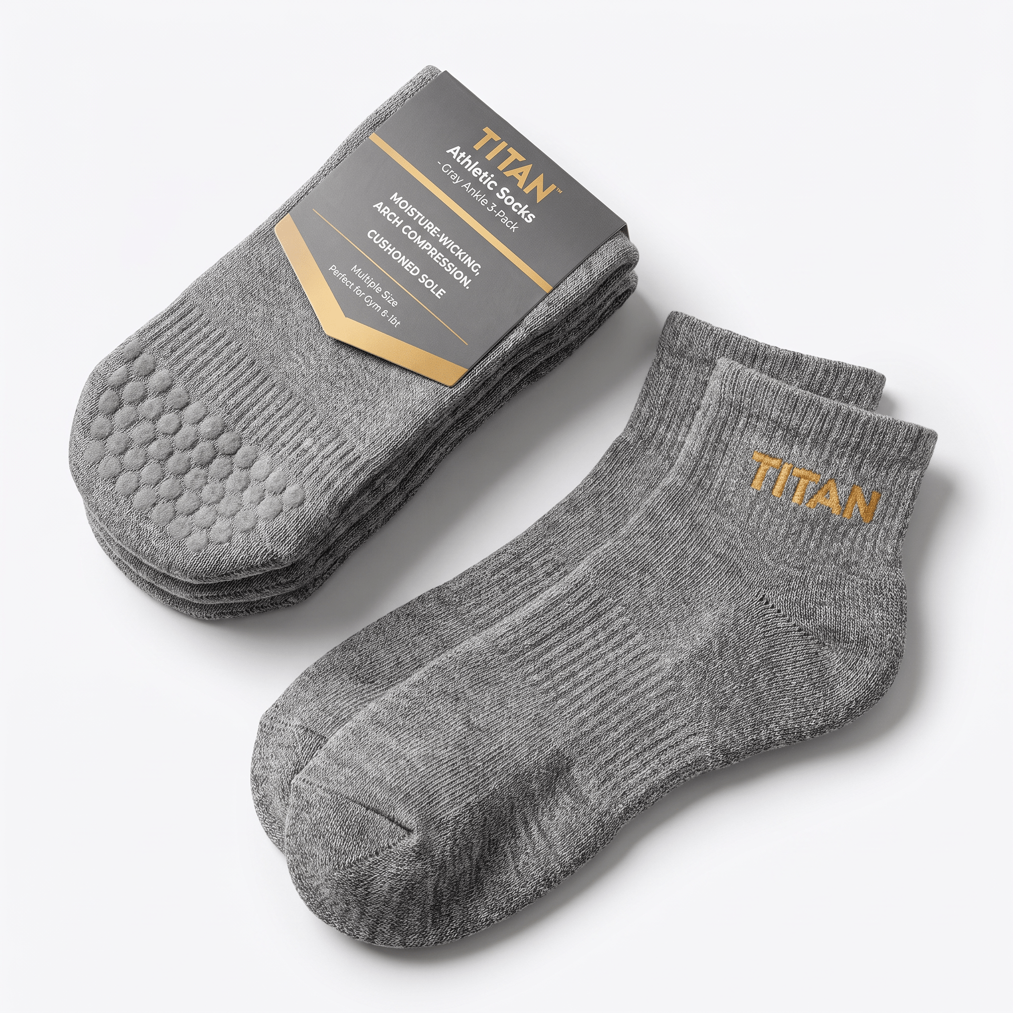 Titan gray athletic ankle socks 3-pack with grip soles and packaging sleeve.