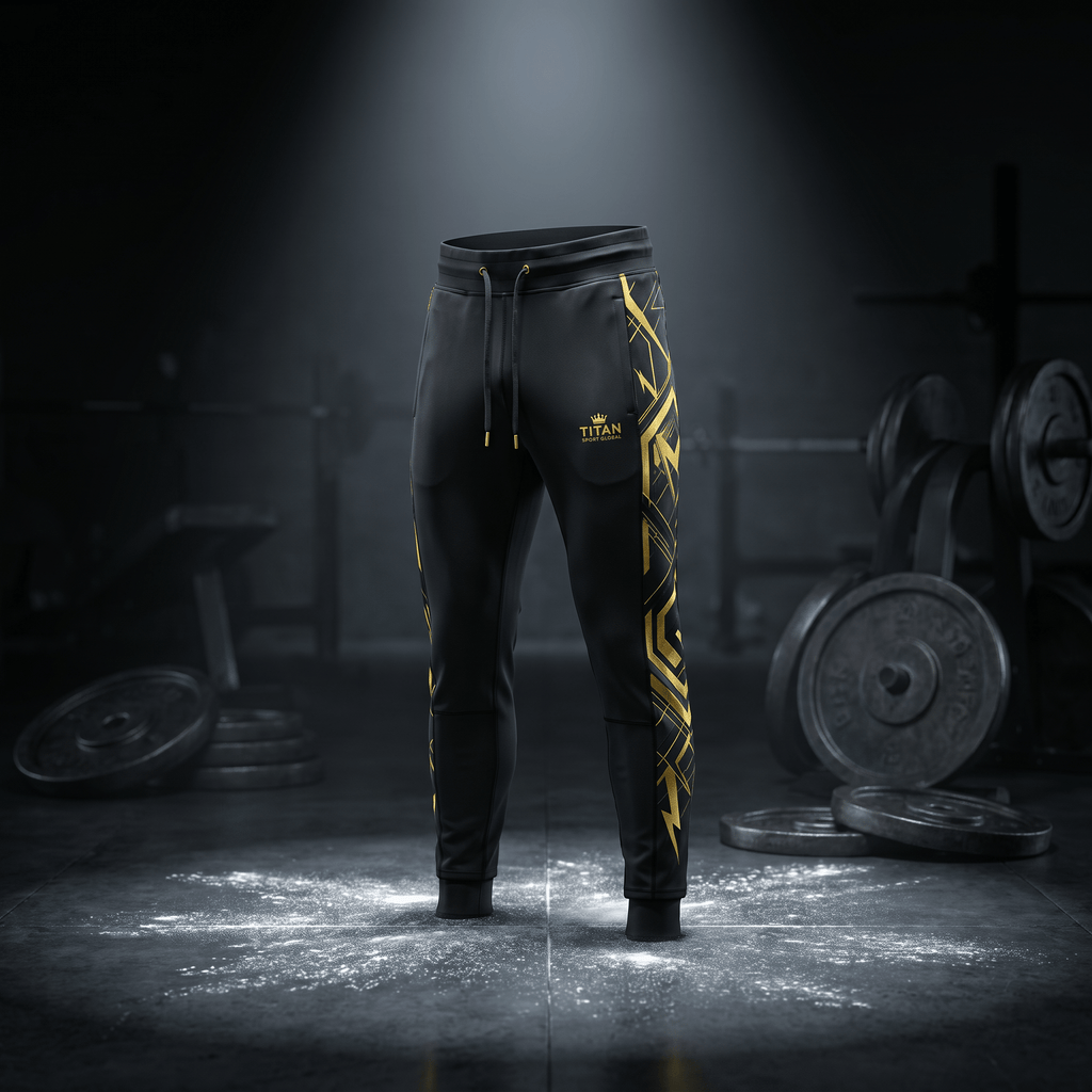 Black athletic joggers with gold geometric side panels and Titan Sport Global logo in a gym setting.