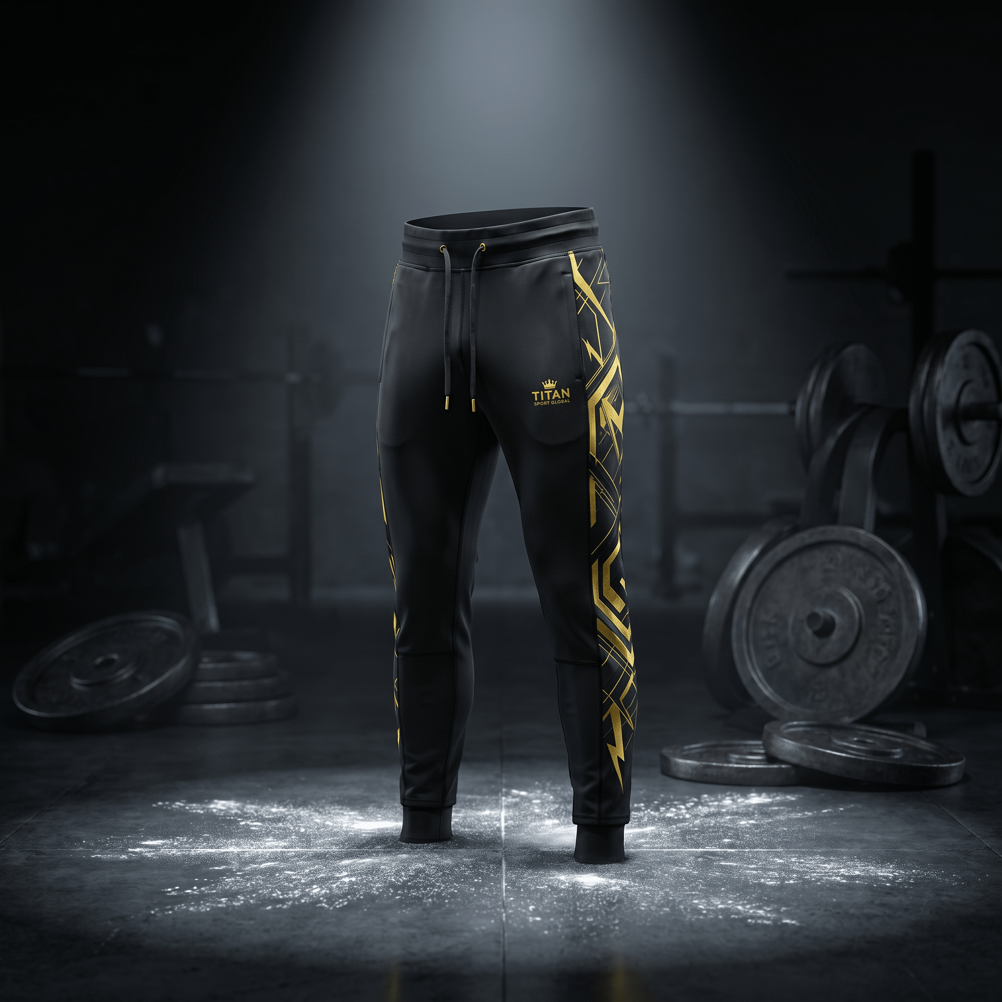 Black athletic joggers with gold geometric side panels and Titan Sport Global logo in a gym setting.