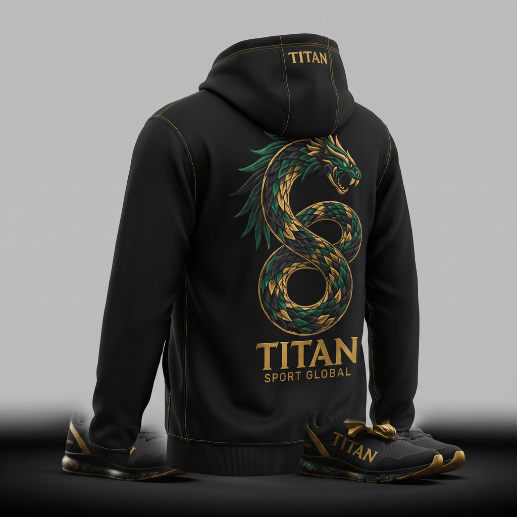 Black Titan Sport Global hoodie with a green and gold dragon graphic on the back, paired with matching sneakers.