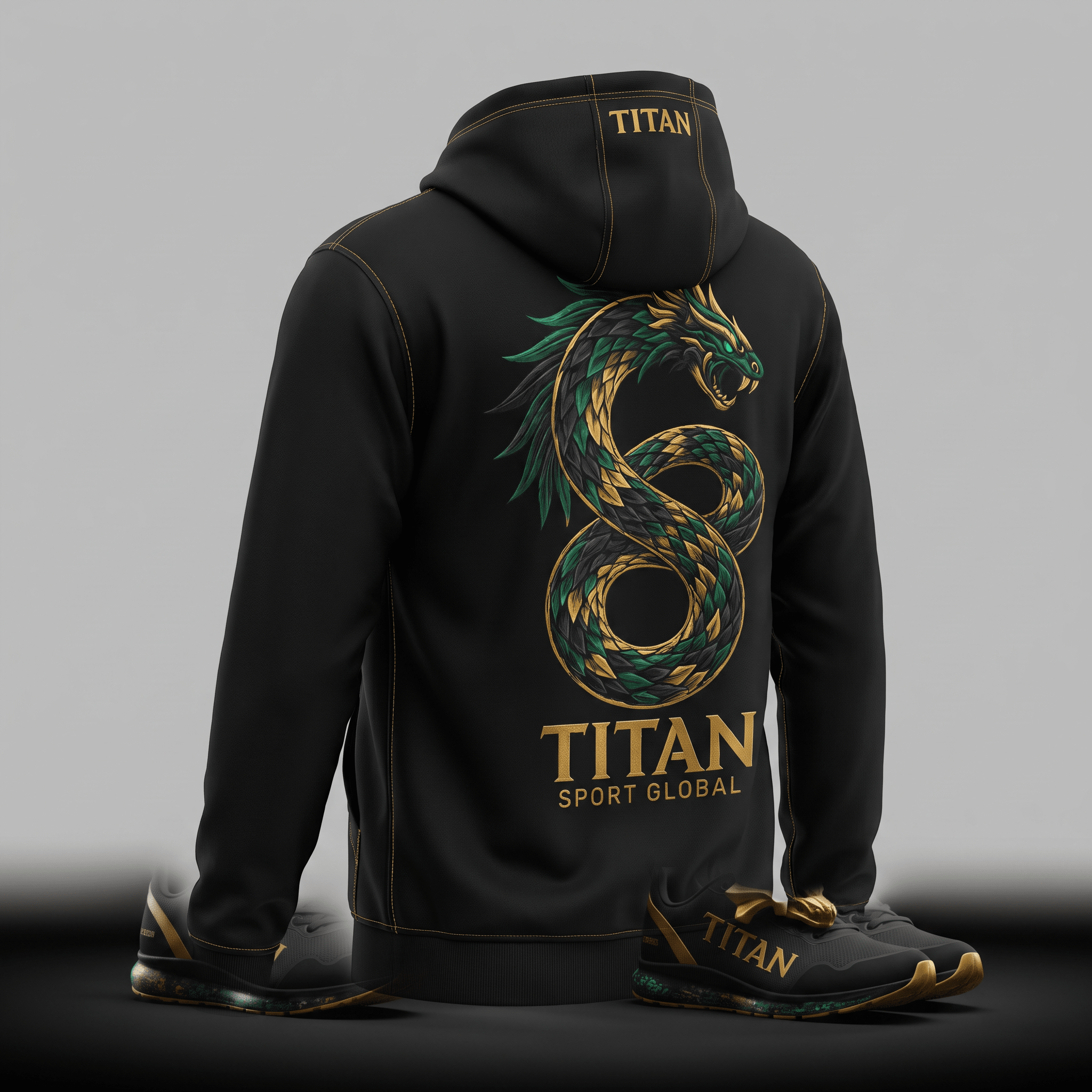 Black Titan Sport Global hoodie with a green and gold dragon graphic on the back, paired with matching sneakers.