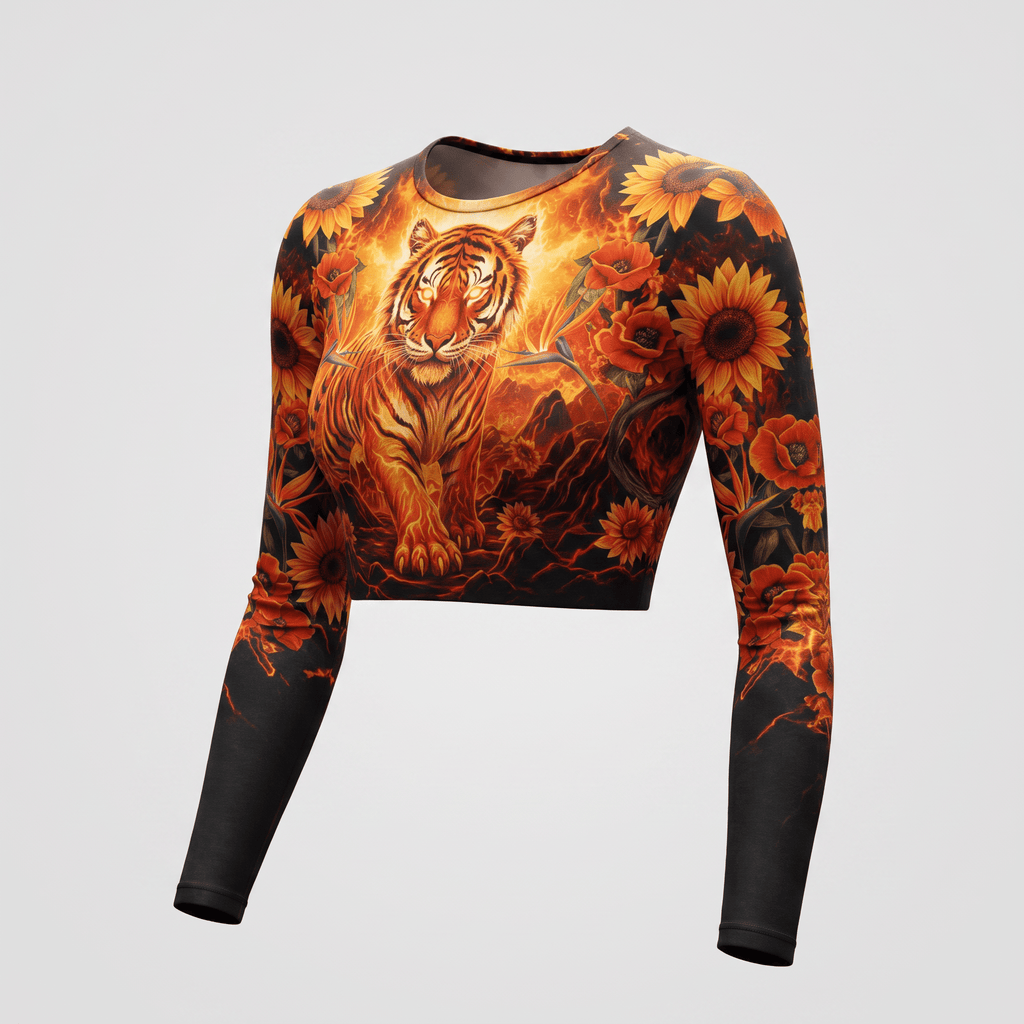 Long-sleeve crop top with a fiery tiger and floral print in orange, red, and black tones.