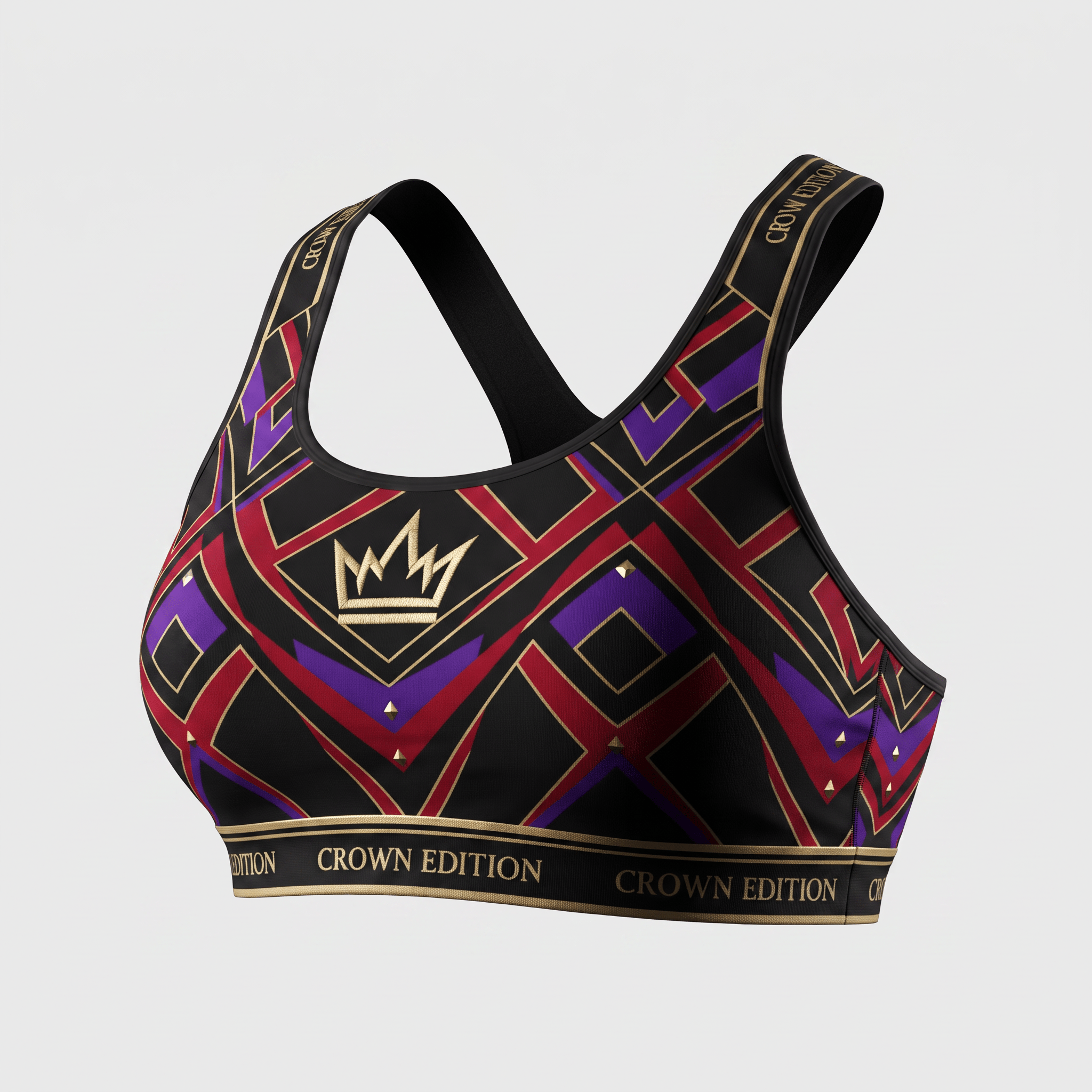 Black sports bra with a geometric purple and red pattern, gold crown logo, and Crown Edition branding.