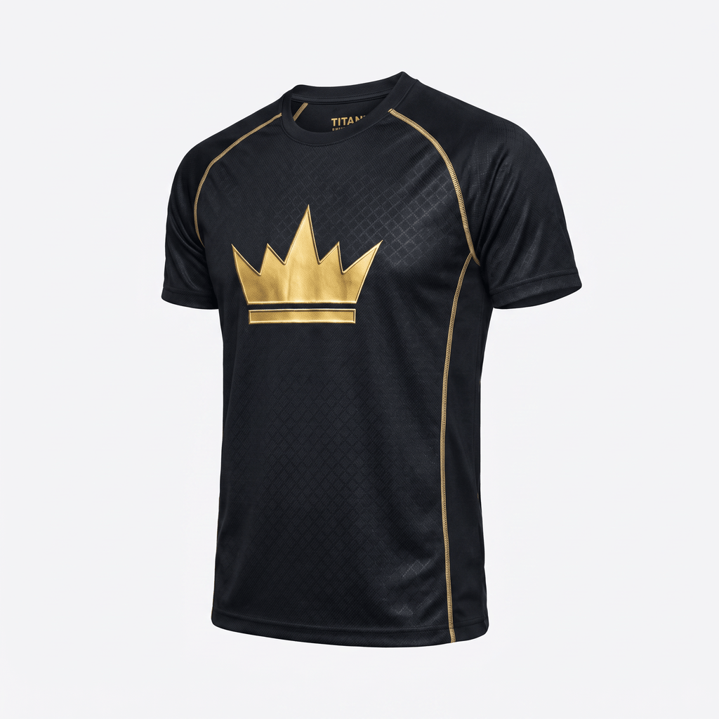 Black athletic t-shirt with gold crown logo, textured diamond pattern, and gold raglan piping.