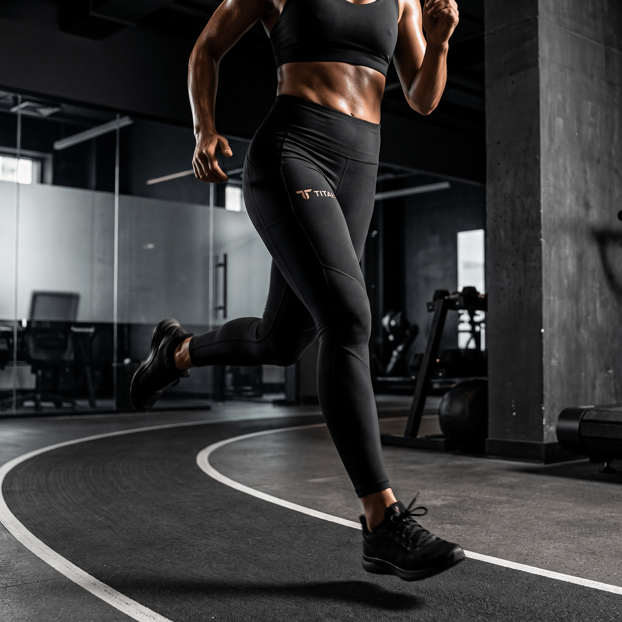 Female athlete running in gym wearing black TITAN capri leggings