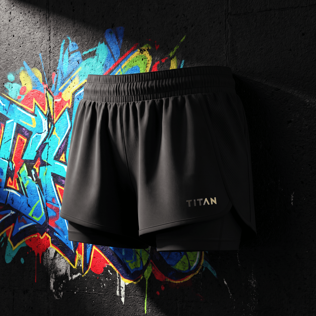 Black athletic running shorts with gold "TITAN" logo against a colorful graffiti brick wall background.