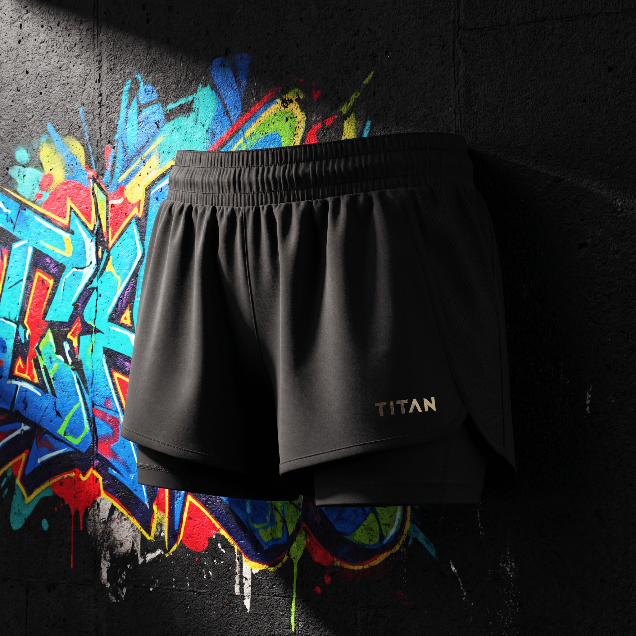 Black athletic running shorts with gold "TITAN" logo against a colorful graffiti brick wall background.