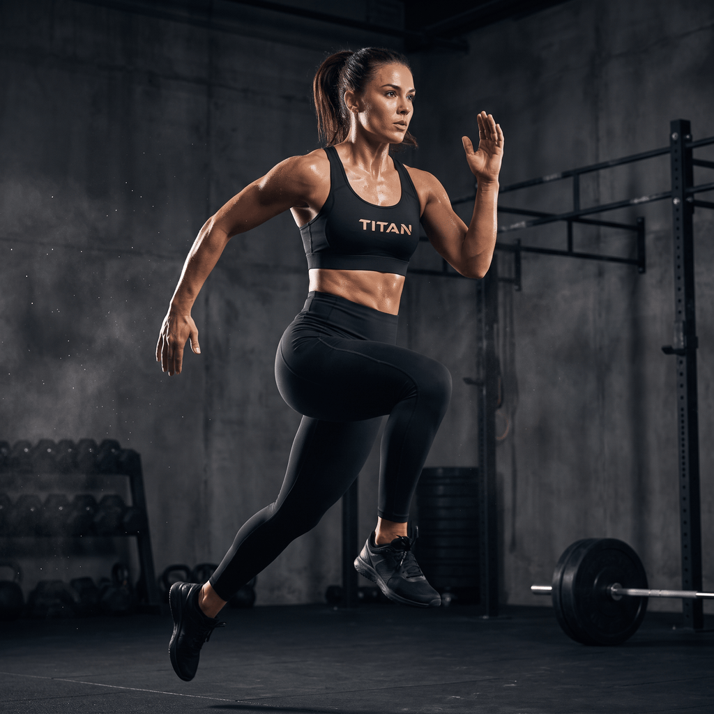 An athlete in a black Titan strappy sports bra and leggings runs dynamically in a gym.