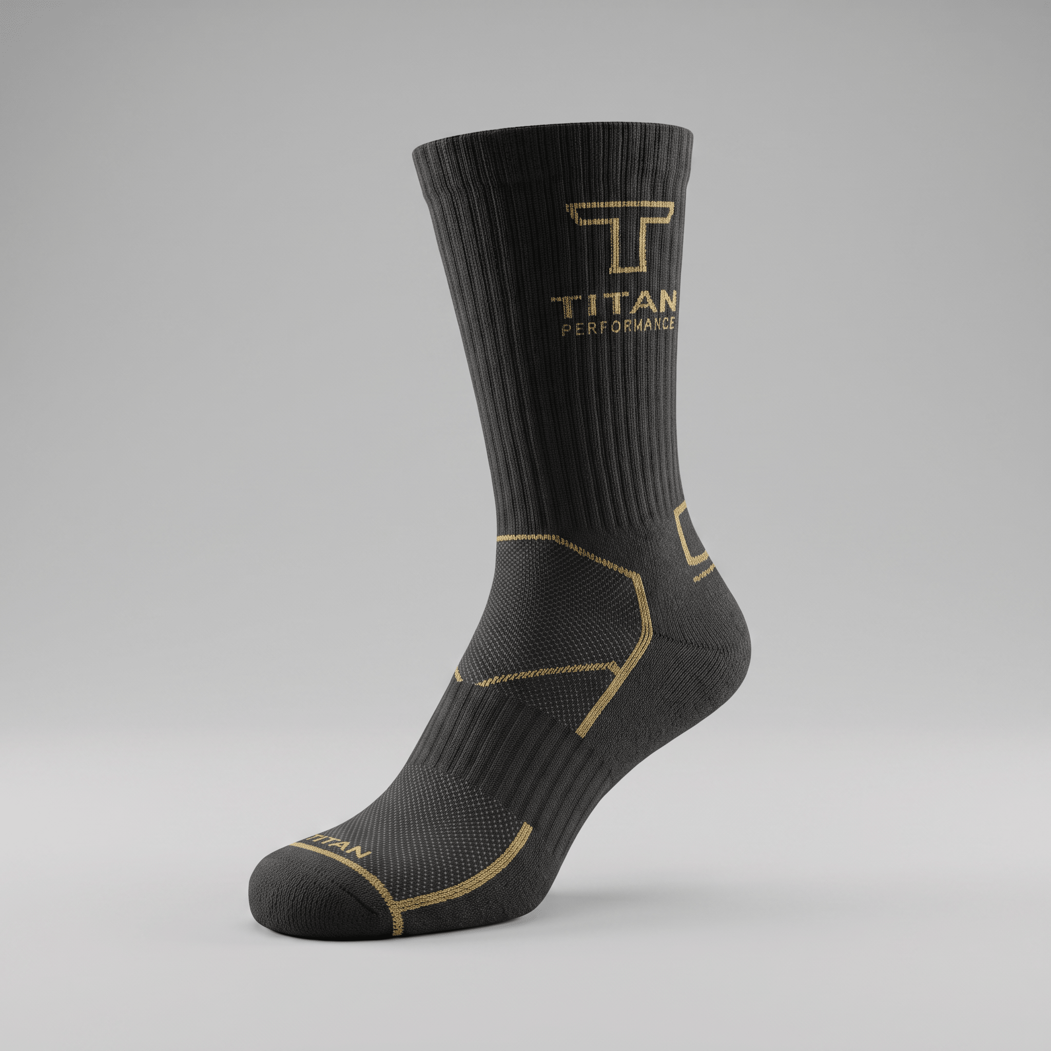 Black crew sock with gold Titan Performance logo and athletic ribbed support panels.