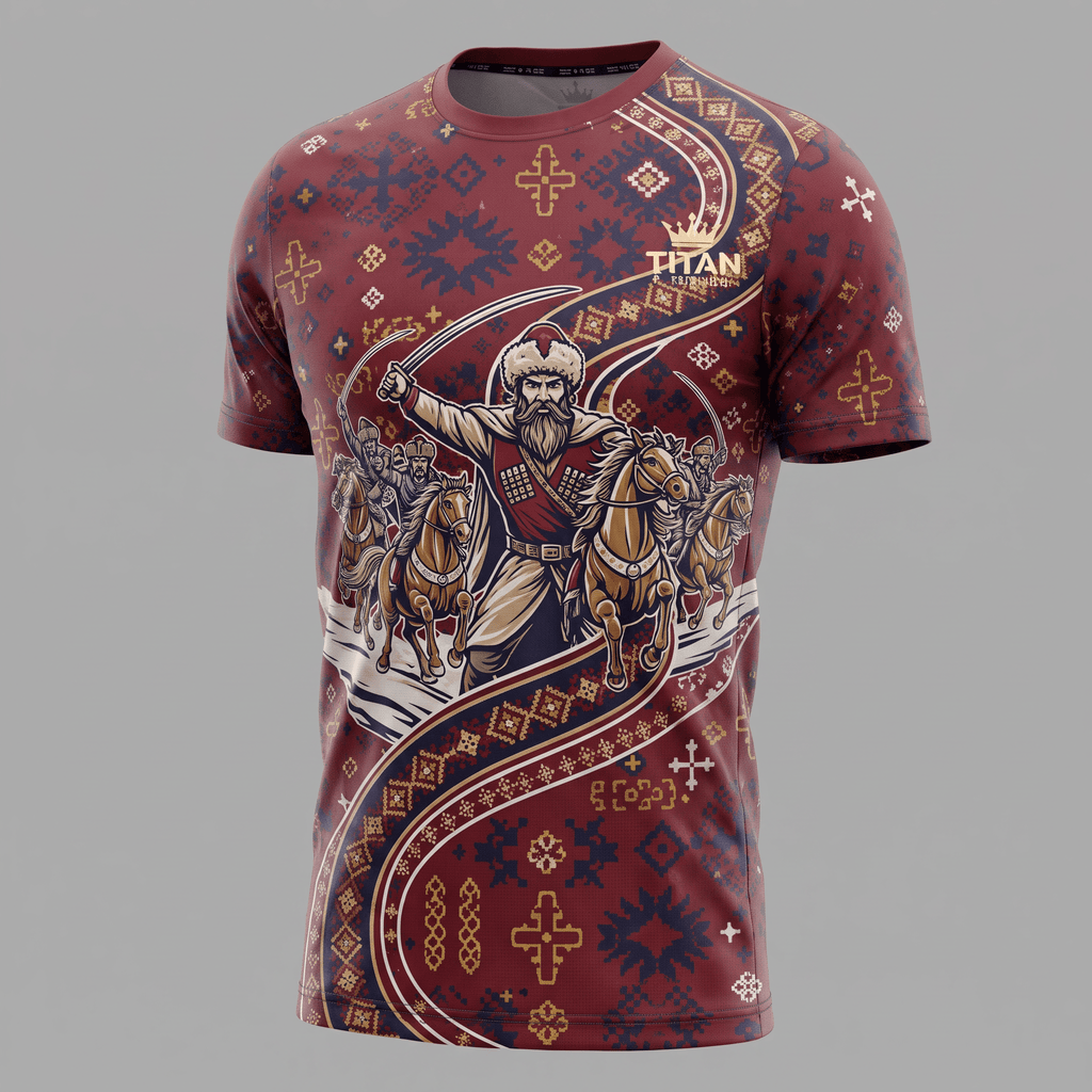 Red t-shirt featuring a Georgian warrior on horseback graphic with traditional patterns and a gold Titan logo.