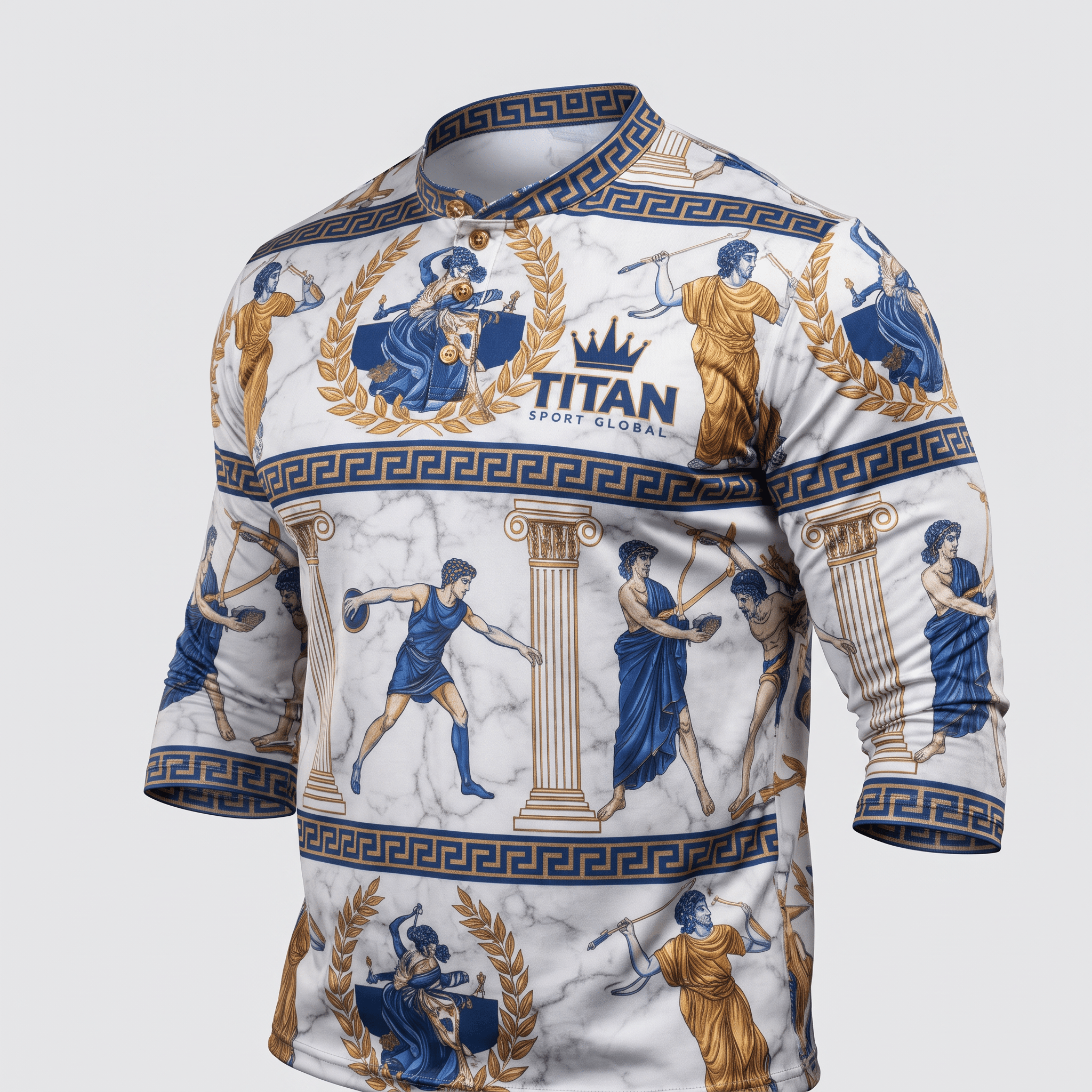 Titan Sport Global white athletic jersey featuring blue and gold Greek marble pillar and ancient figure print.