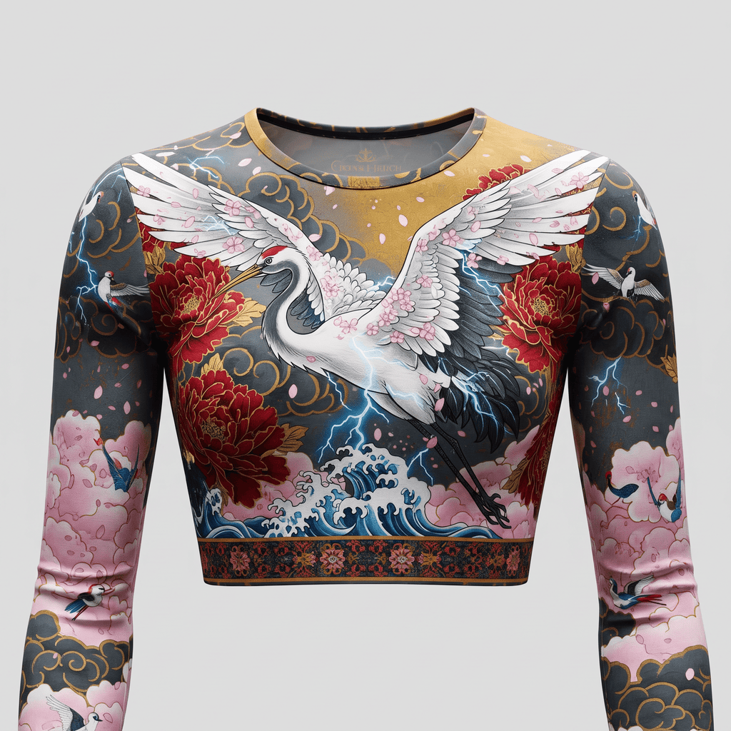 Long sleeve crop top featuring Japanese crane, red peonies, cherry blossoms, and ocean wave print.