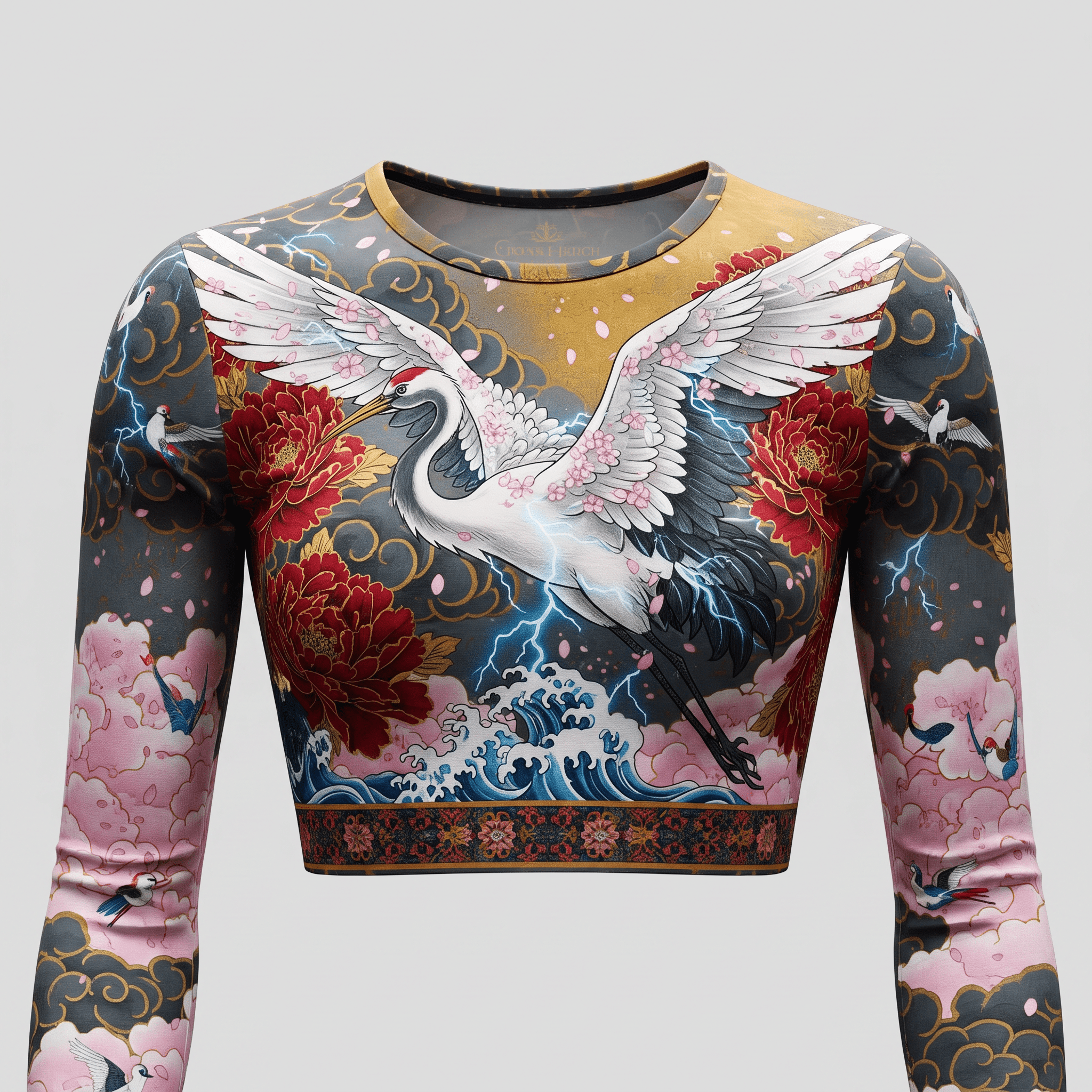 Long sleeve crop top featuring Japanese crane, red peonies, cherry blossoms, and ocean wave print.