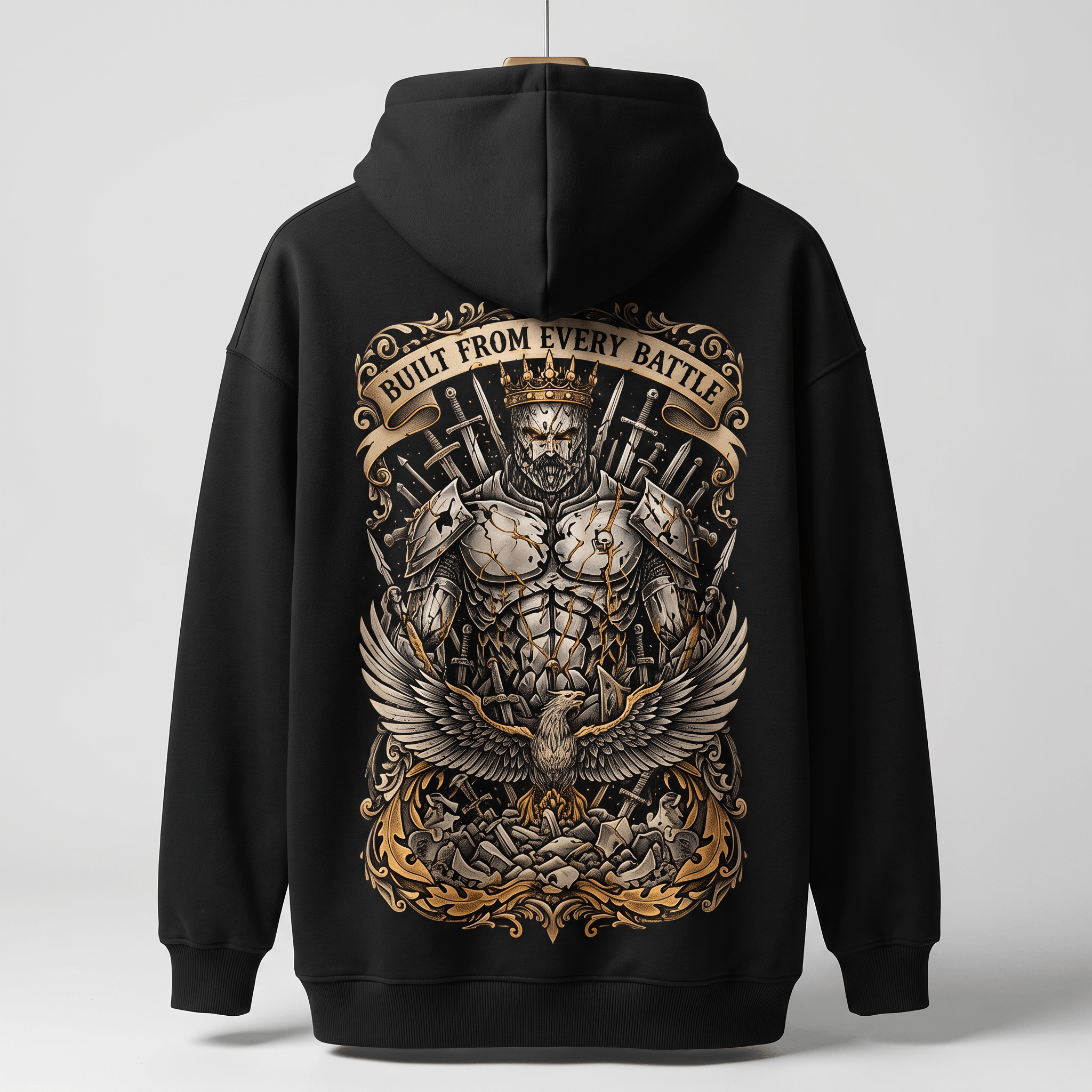 Black hoodie with a back graphic of a crowned warrior, swords, eagle, and text reading Built From Every Battle.