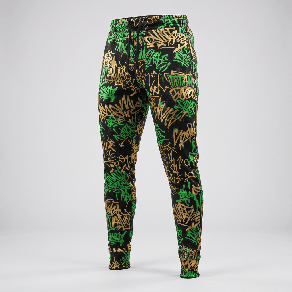 Black joggers featuring a green and gold graffiti print with a drawstring waistband.