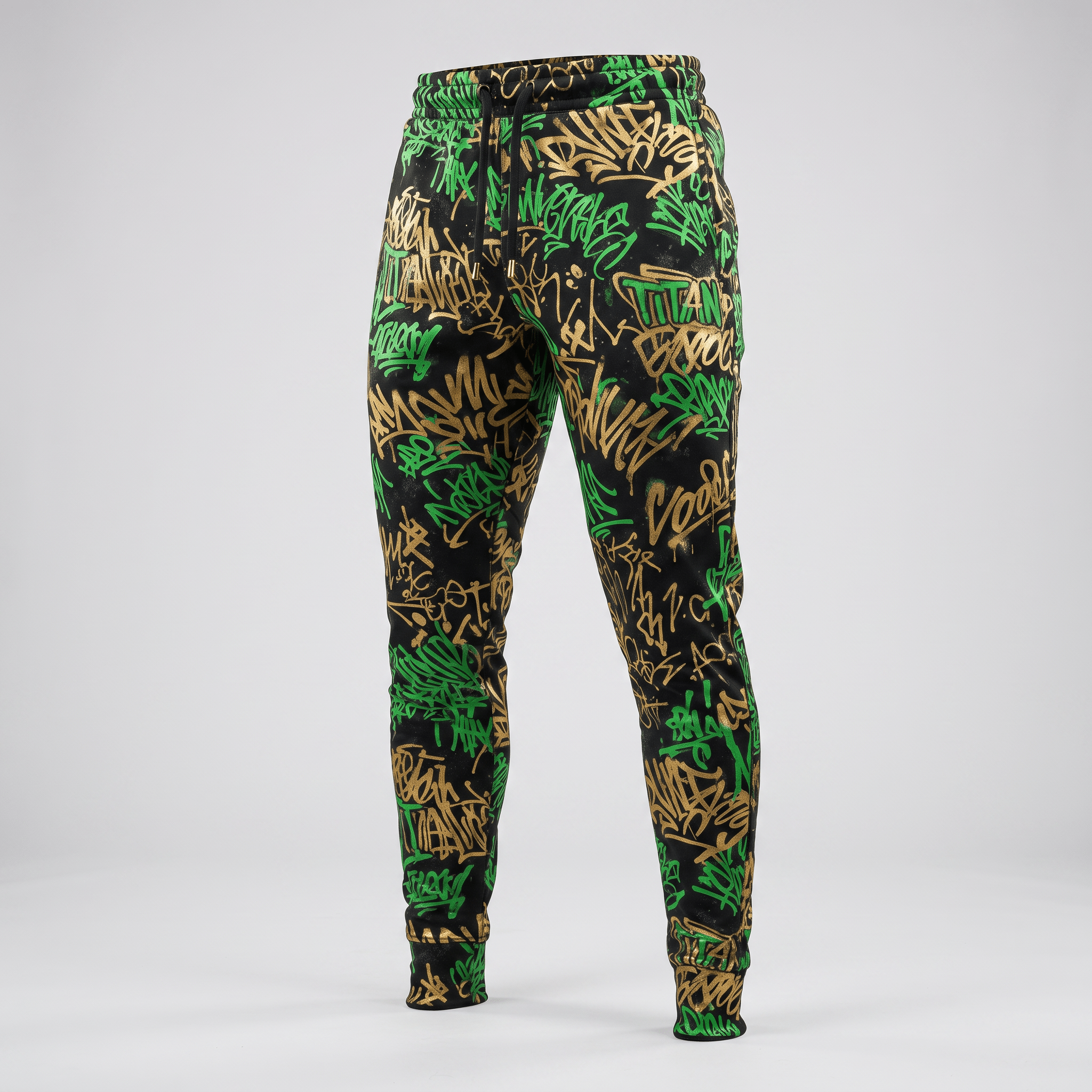 Black sweatpants with green and gold graffiti print, cuffed ankles, and drawstring waistband.