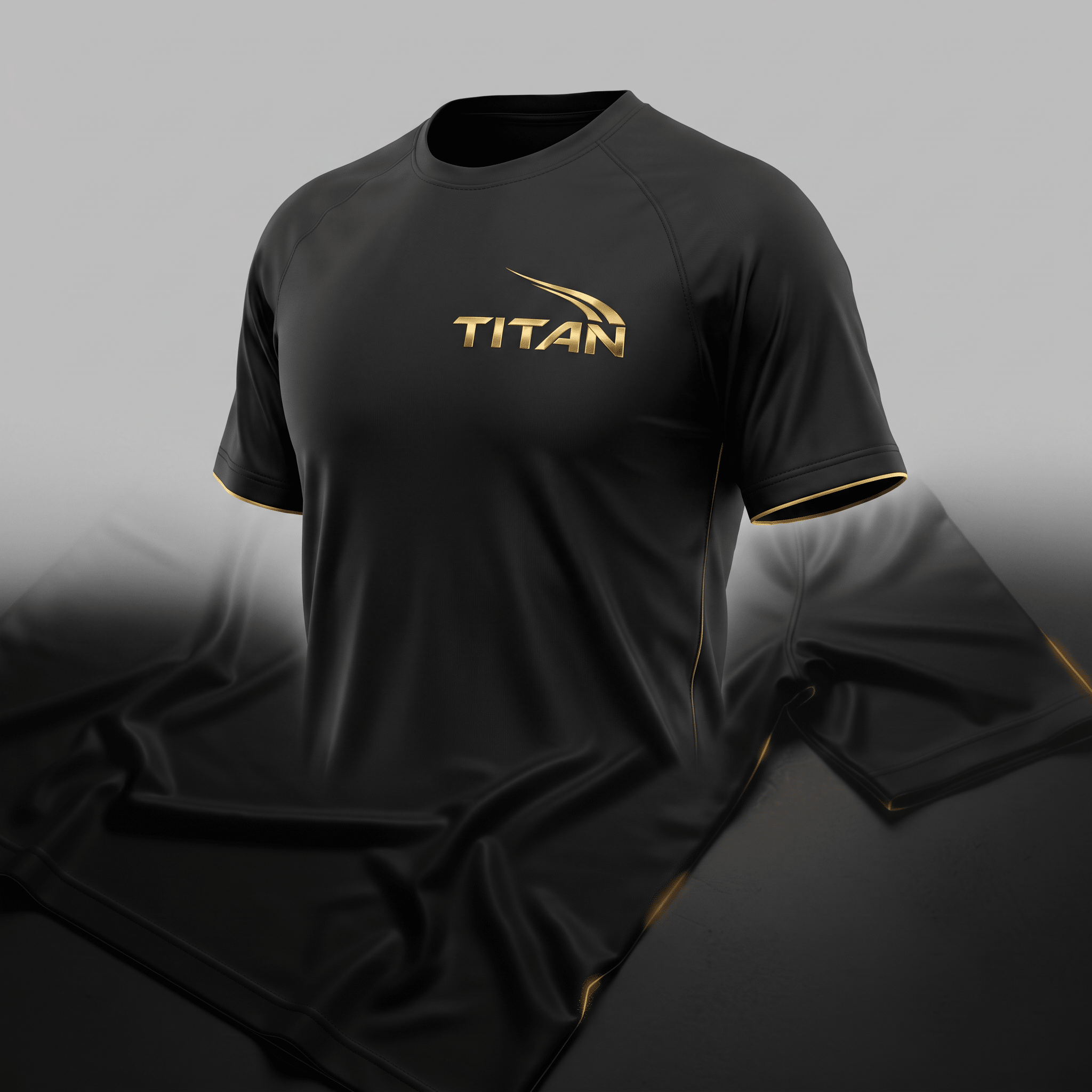 Black athletic t-shirt with gold Titan logo and gold trim on sleeves against a gradient background.