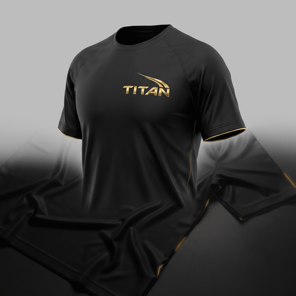 Black t-shirt with gold Titan logo on chest and gold trim on sleeves on a dark draped background.