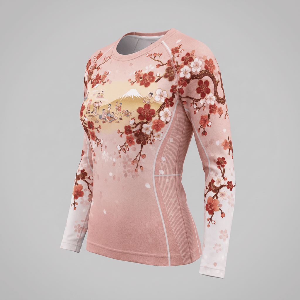 Pink long-sleeve rash guard featuring a Japanese cherry blossom and Mount Fuji landscape graphic print.