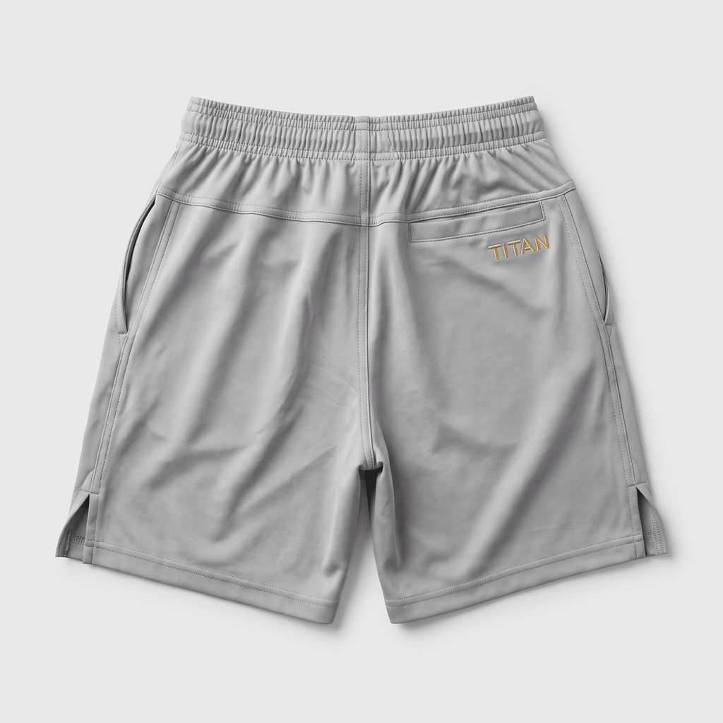 Grey athletic training shorts with an elastic waistband, back pocket, and gold Titan logo.