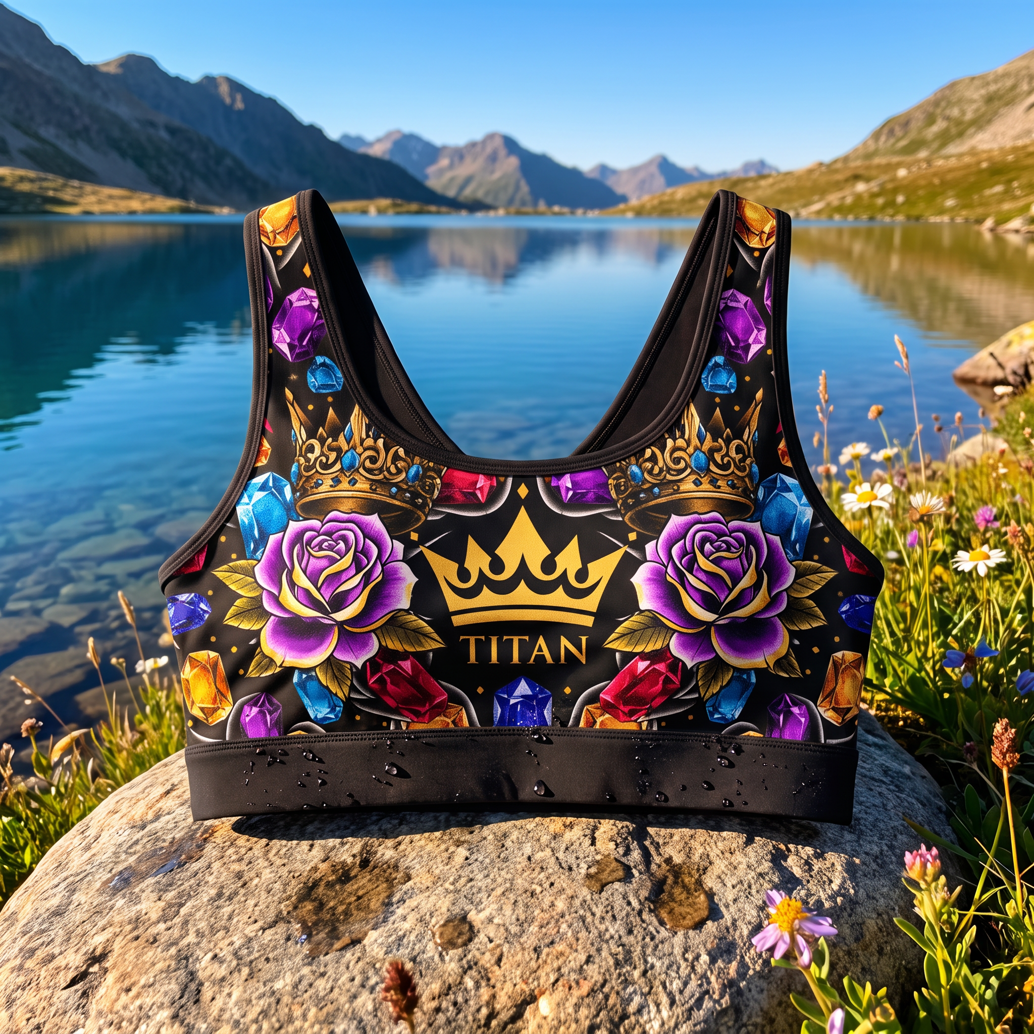 Black sports bra featuring purple roses, gold crowns, and colorful gemstones with "TITAN" text on a mountain lake rock.